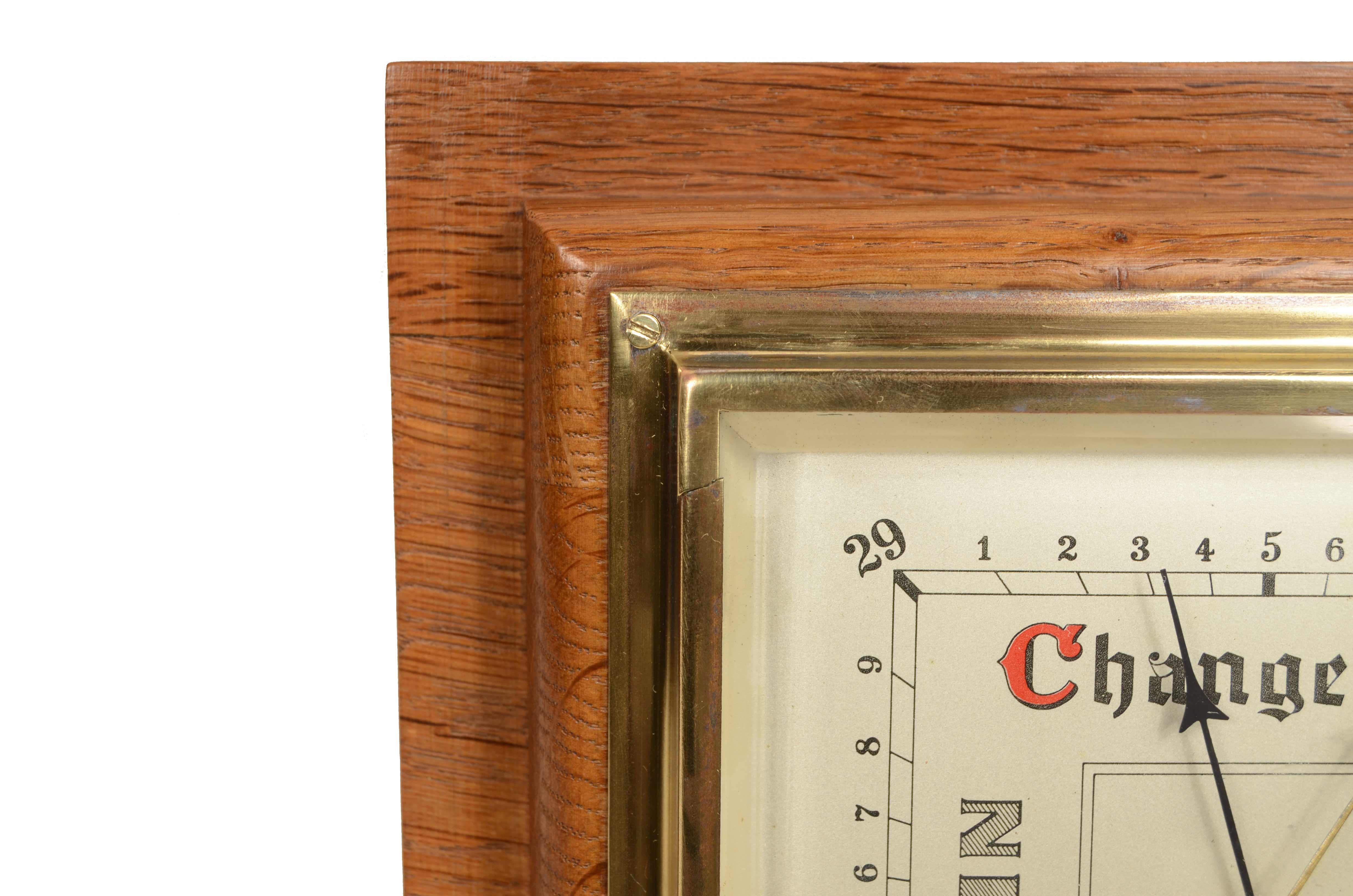 20th Century English wall barometer with a square shape made of oak from the 1940s For Sale