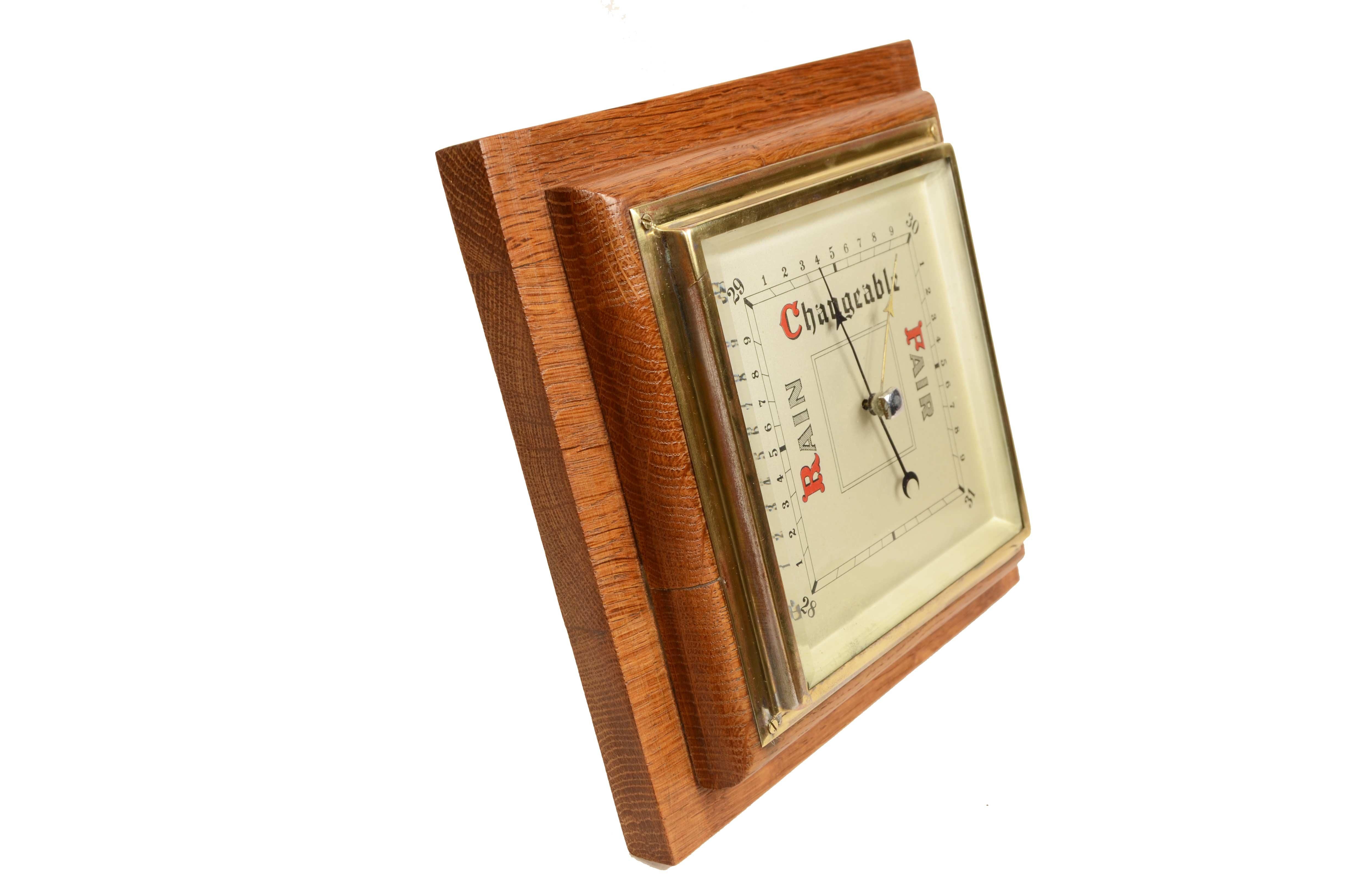Wood English wall barometer with a square shape made of oak from the 1940s For Sale