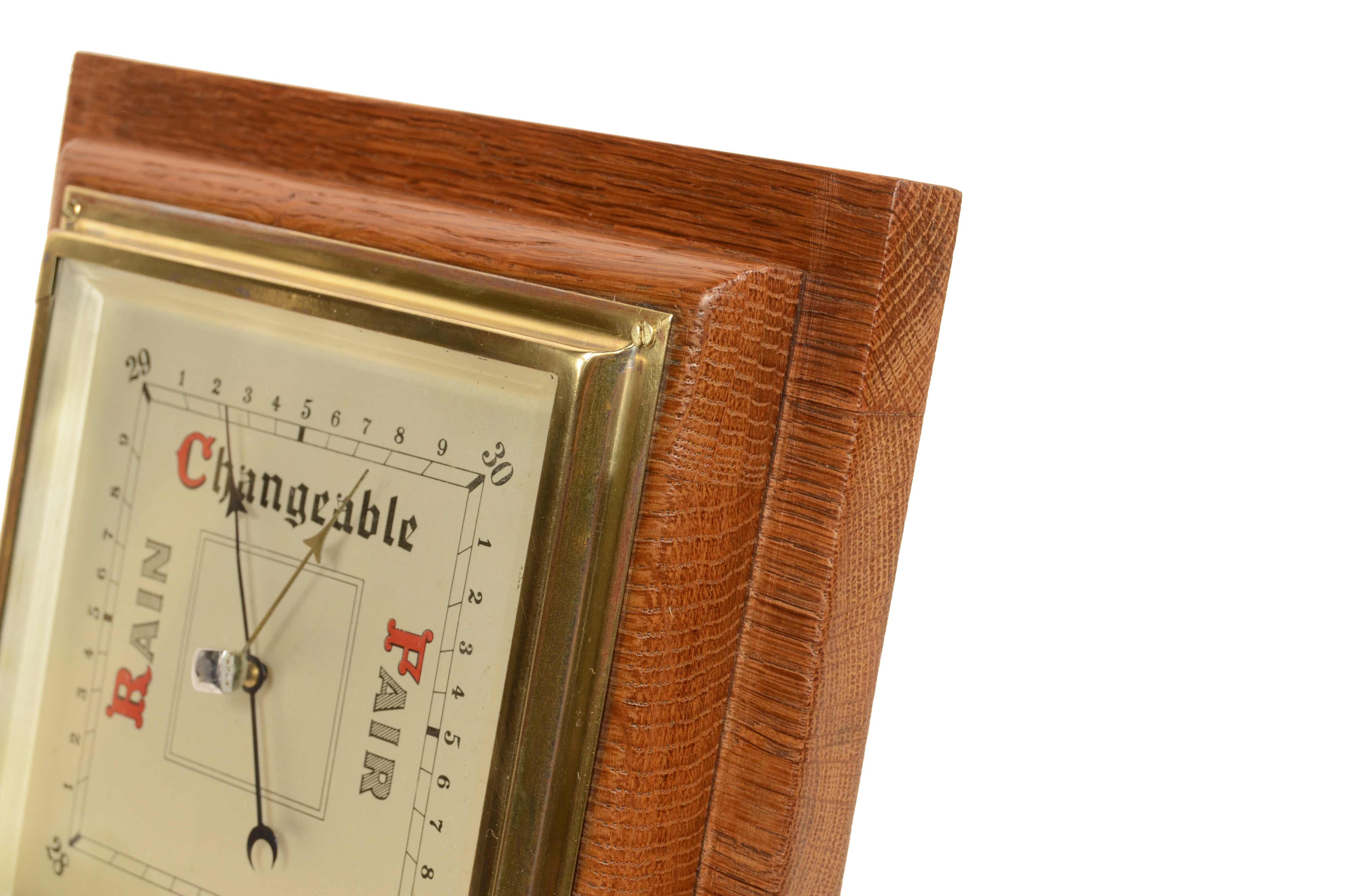 English wall barometer with a square shape made of oak from the 1940s For Sale 2