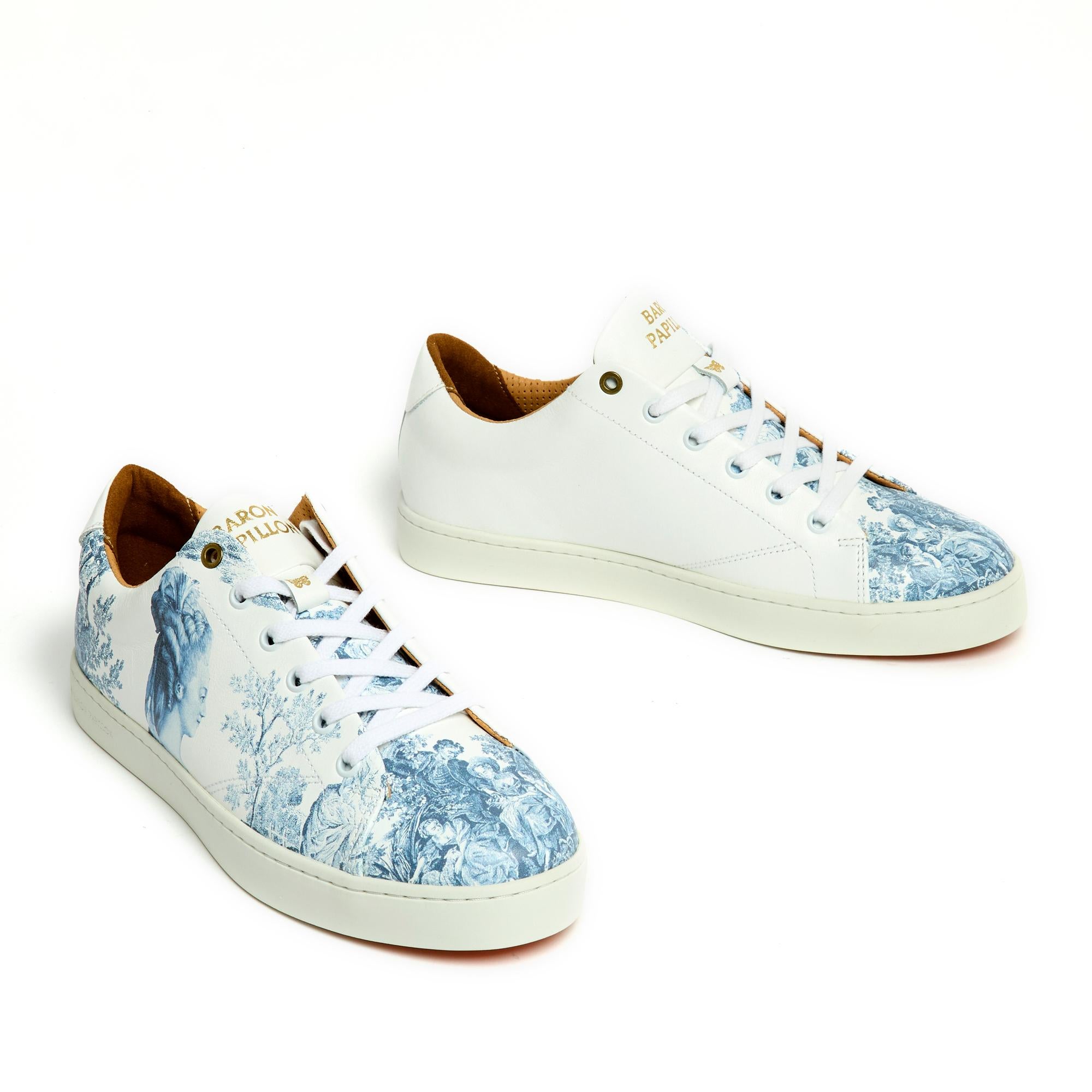Baron Papillon Marie Antoinette model sneakers, white leather bottom with blue toile de Jouy pattern, white rubber sole, made in France, 2023. Size 38FR, insole 24.4 cm. The sneakers are new, chic, perfect with jeans.