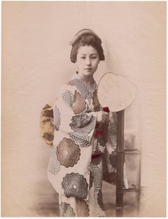 Antique Japan – Geisha Girl with Fan – Hand-colored albumen print