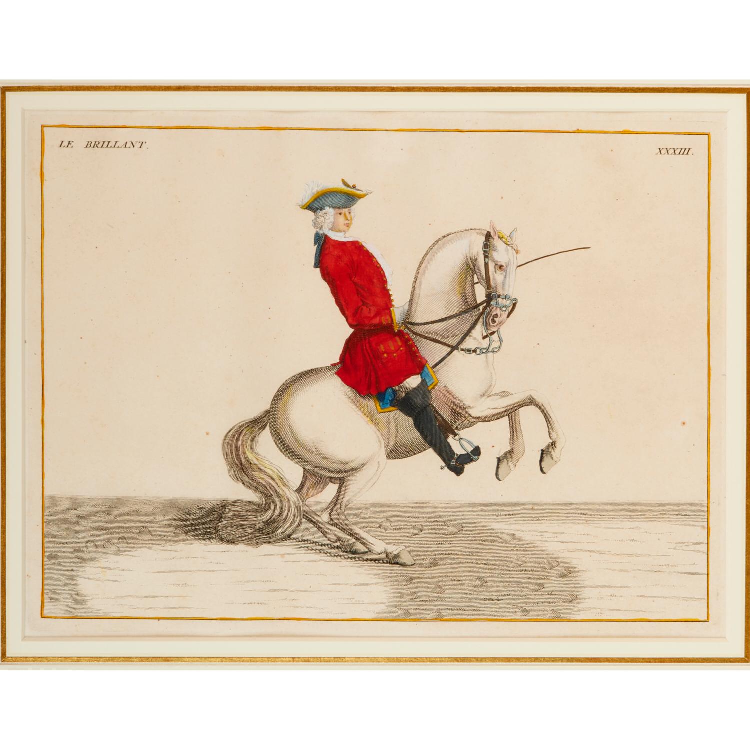 18th century German, a hand-colored engraving of a dressage horse and rider from Description du Manège Moderne by Friedrich Wilhelm, Baron Rais d' Eisenberg (German, ca. 1700-ca. 1770). Engraved by Bernard Picart (French, 1673-1733).  Titled 