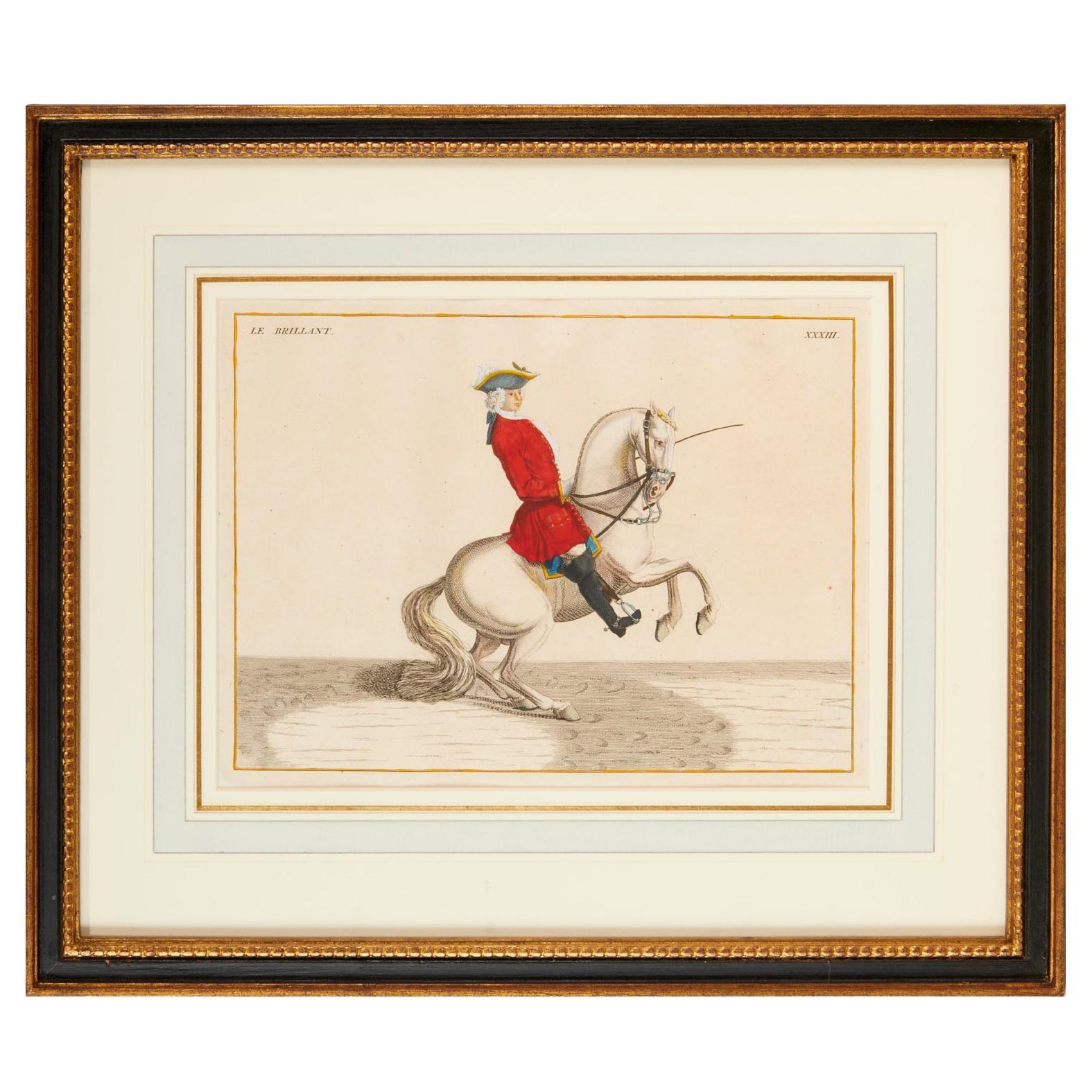 Baron Rais d'Eisenberg, Hand-Colored Equestrian Engraving c. 1747, "Le Brillant" For Sale