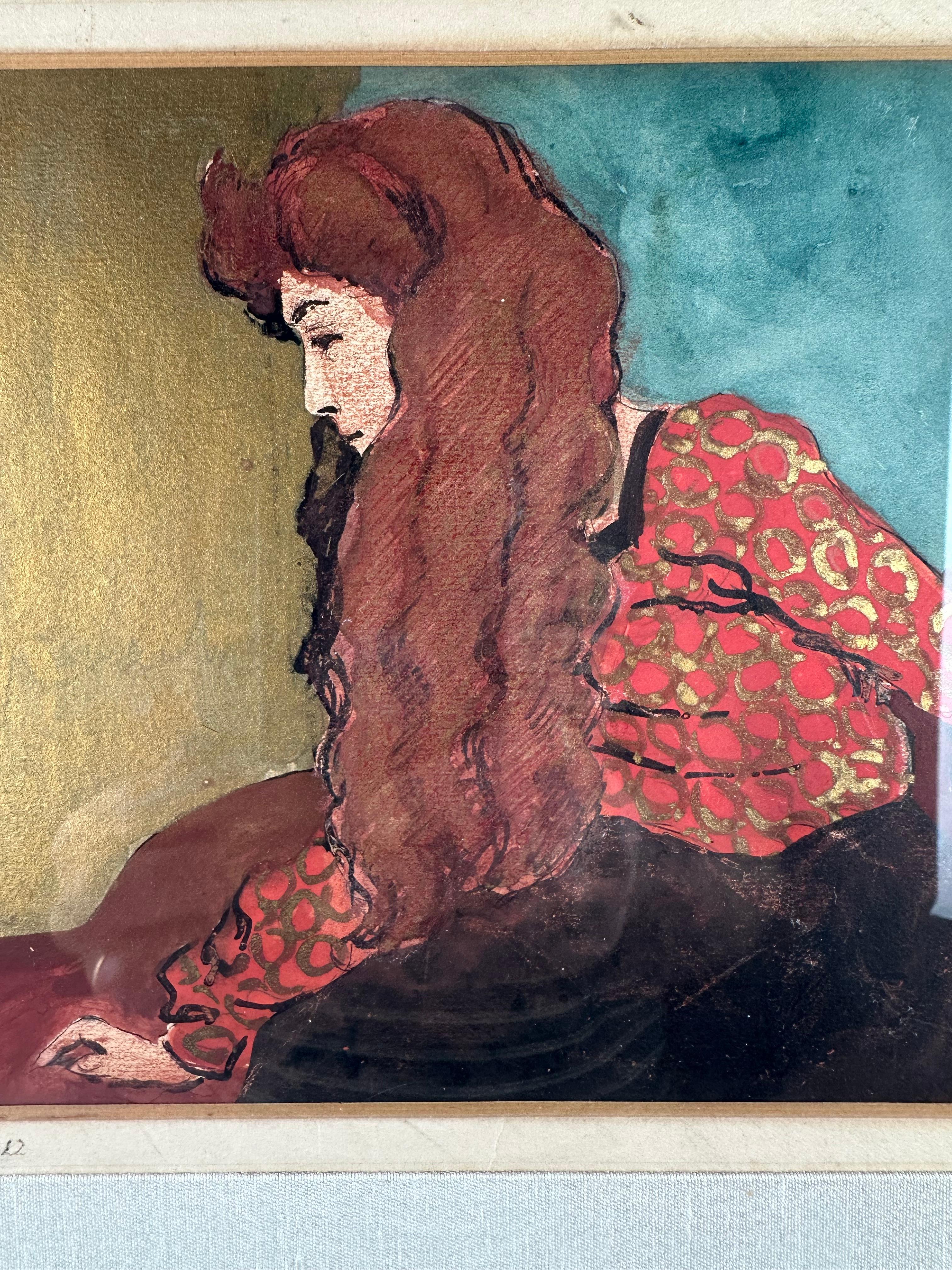 Freiherr Robert Heinrich Freiherr von Doblhoff (1880 Wien - 1960 ebd.) 

Frau mit rotem Haar 

Tinte und Aquarell auf Papier, Bild misst 6,25 x 7,25 Zoll; 12,75 x 13,5 Zoll gerahmt. 

Signiert unten links mit Künstlermonogramm in Bleistift. Auf dem