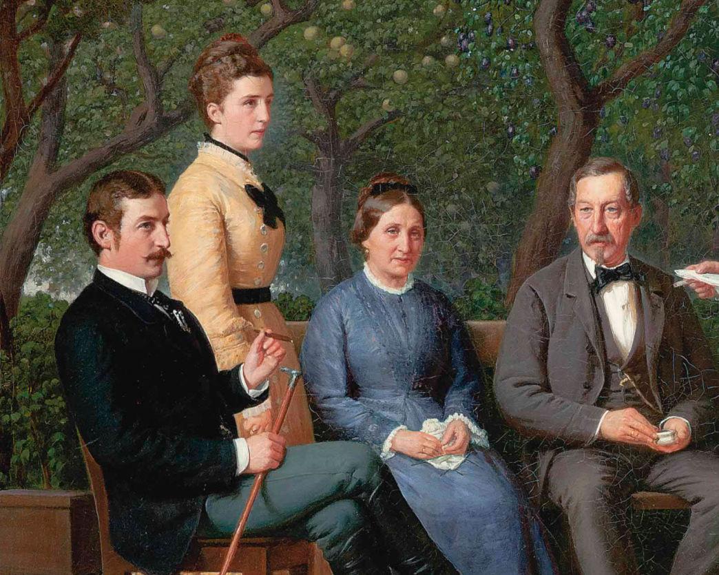 Our charming painting, German School, circa 1890, depicts Sir Nathan Mayer Rothschild, 2nd Baronet (1840-1915), made Baron Rothschild in 1885, on the far right side, entertaining a gathering in an elegant garden. Unsigned. Stretcher measures 24.5 by