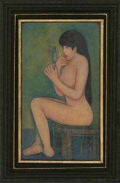 Le baron Yamanda - Huile du XXe siècle, nu avec miroir à la main