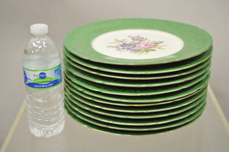 Bohemia Czechoslovakia Floral Green Rim French Dinner Plates