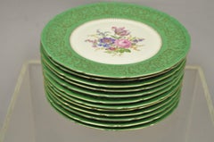 Baronet Bohemia Czechoslovakia Floral Green Rim French Dinner Plates, Set of 12