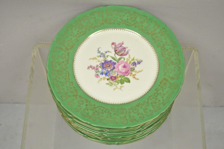Bohemia Czechoslovakia Floral Green Rim French Dinner Plates