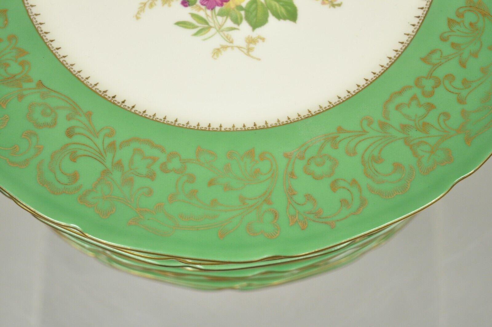 Victorian Baronet Bohemia Czechoslovakia Floral Green Rim French Dinner Plates, Set of 12