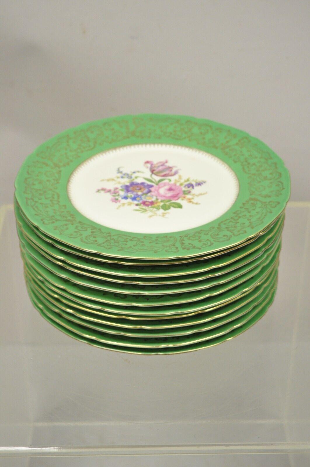 20th Century Baronet Bohemia Czechoslovakia Floral Green Rim French Dinner Plates, Set of 12