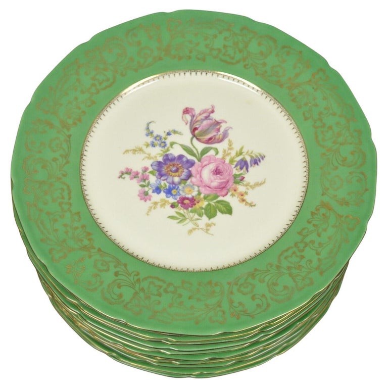 Baronet Bohemia Czechoslovakia Floral Green Rim French Dinner Plates, Set  of 12 For Sale at 1stDibs