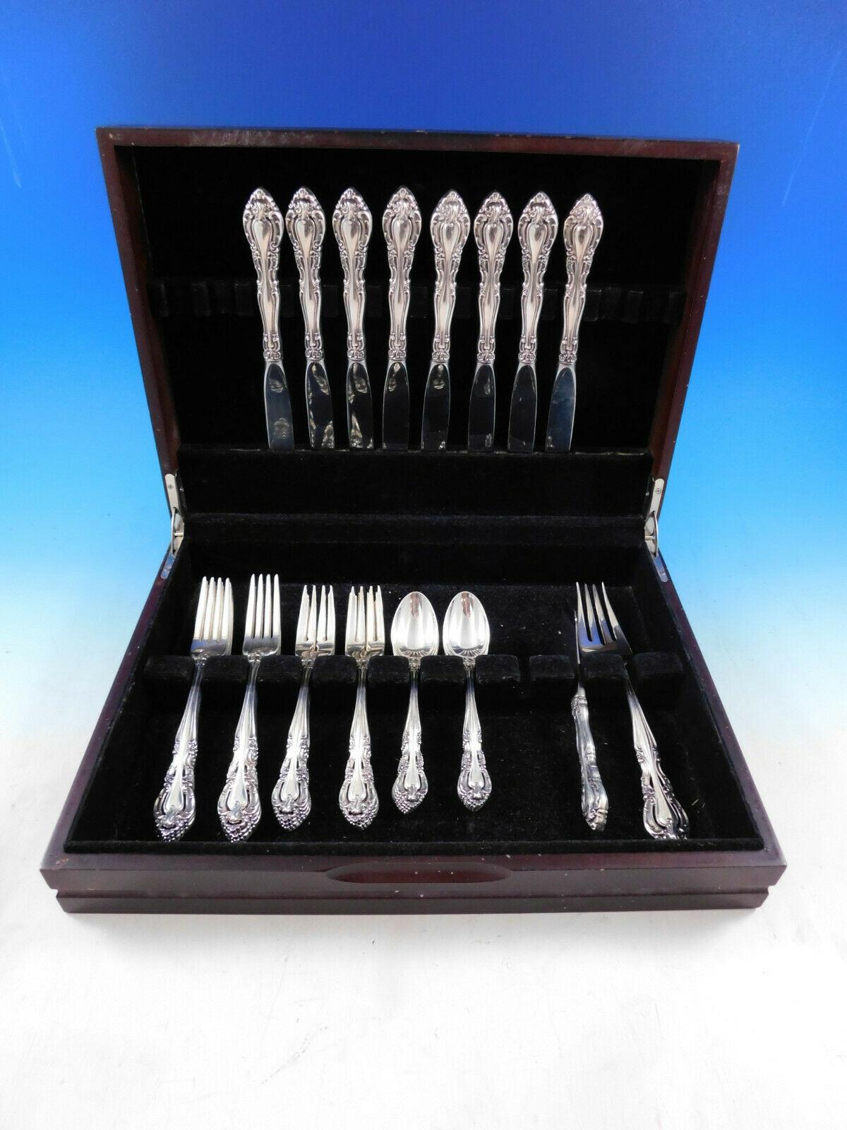 Beautiful Baronial by Gorham, c1973, sterling silver flatware set - 34 pieces. The handles of the forks and spoons are pierced. This set includes:

8 Place Knives, 9 1/8