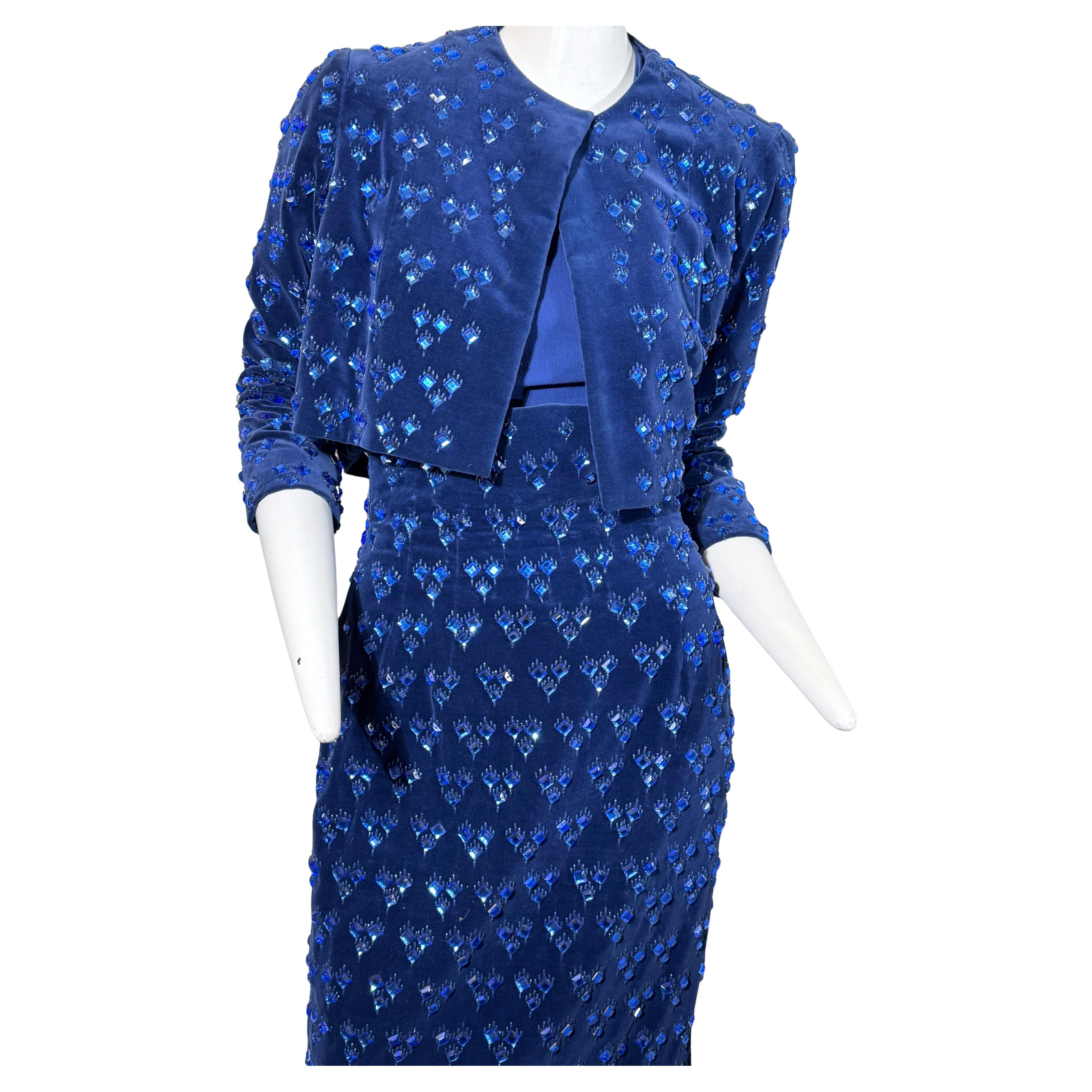 BARON'S alta moda, Royal Blue Three-Piece Velvet Ensemble Rhinestones throughout For Sale