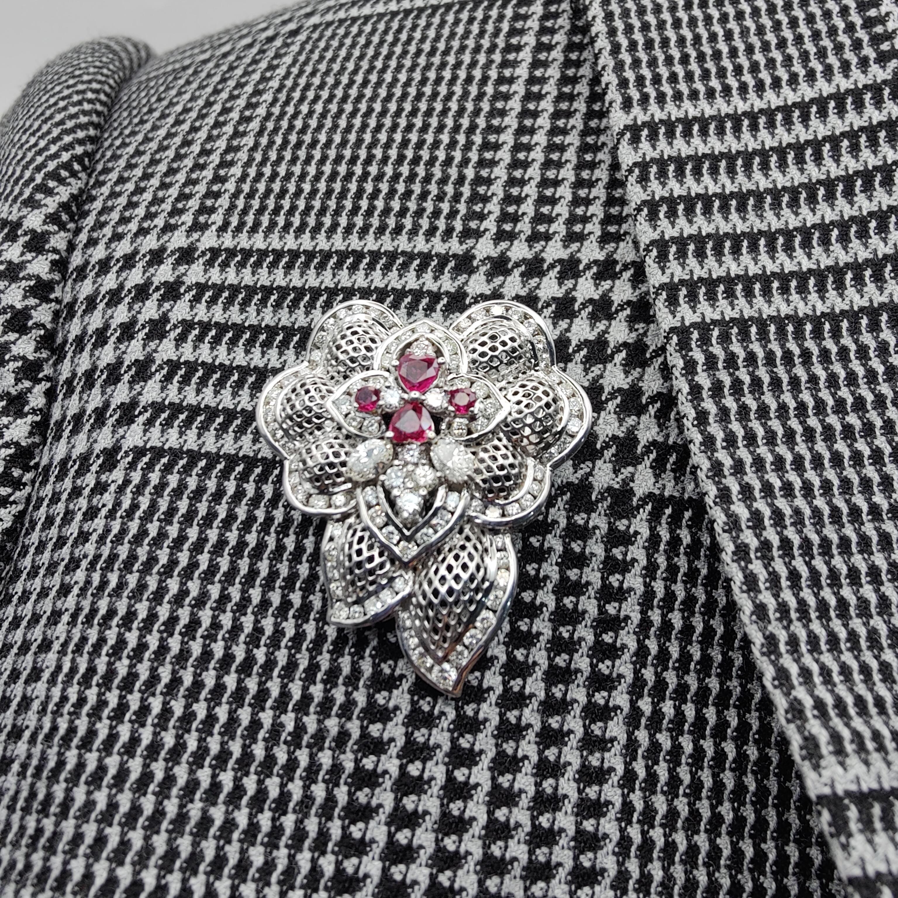 Baroque 0.78 Carat Ruby and 2.7 Carat Diamond Pendant Brooch in 18k White Gold For Sale 4