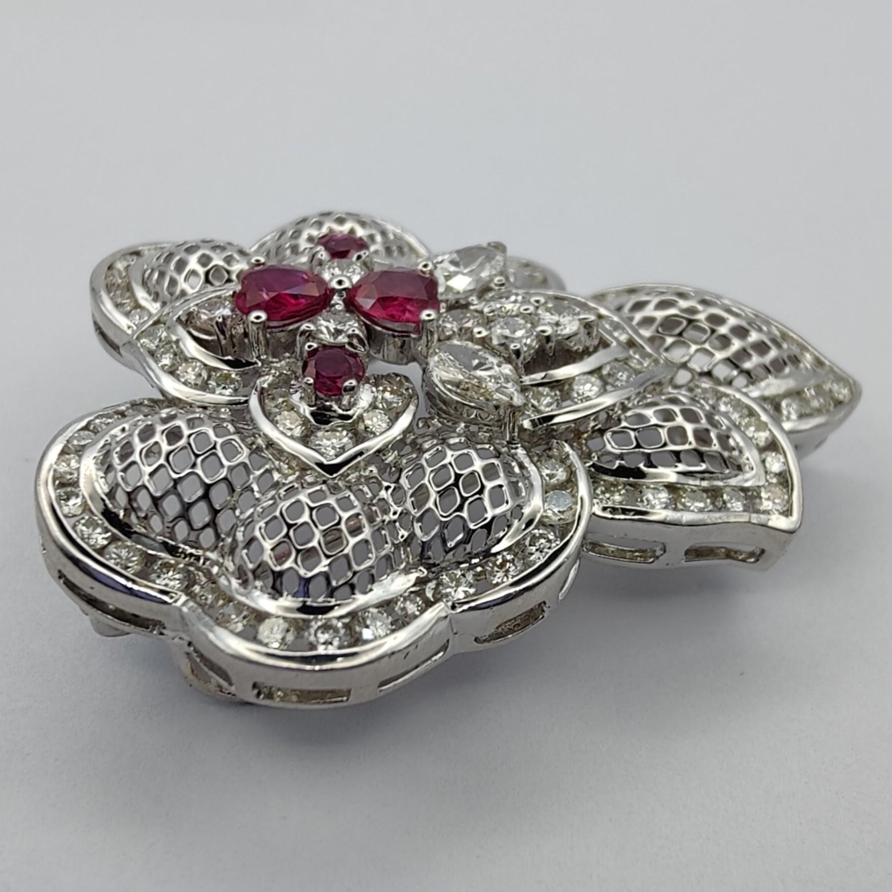 Baroque Revival Baroque 0.78 Carat Ruby and 2.7 Carat Diamond Pendant Brooch in 18k White Gold For Sale