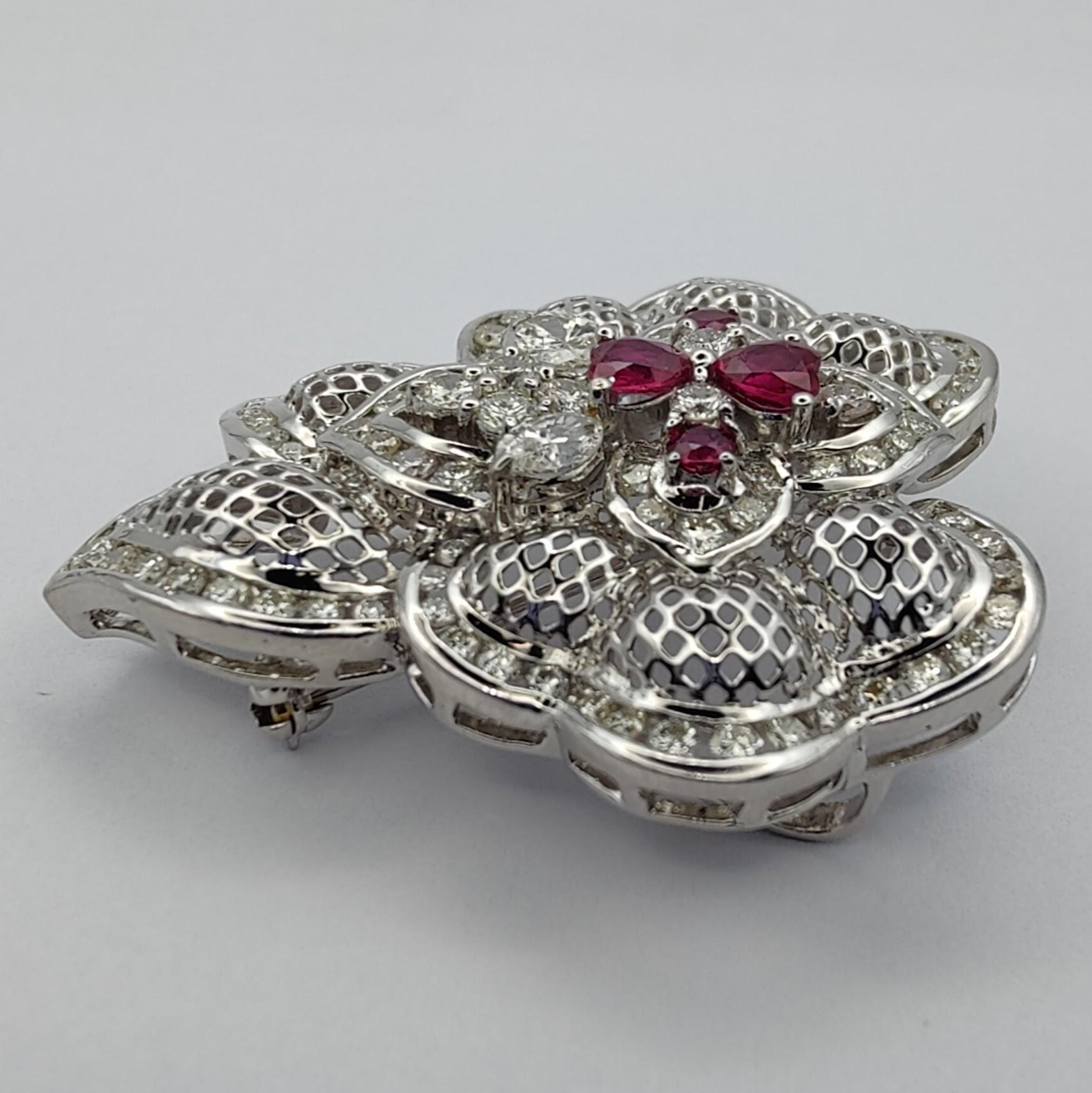 Round Cut Baroque 0.78 Carat Ruby and 2.7 Carat Diamond Pendant Brooch in 18k White Gold For Sale