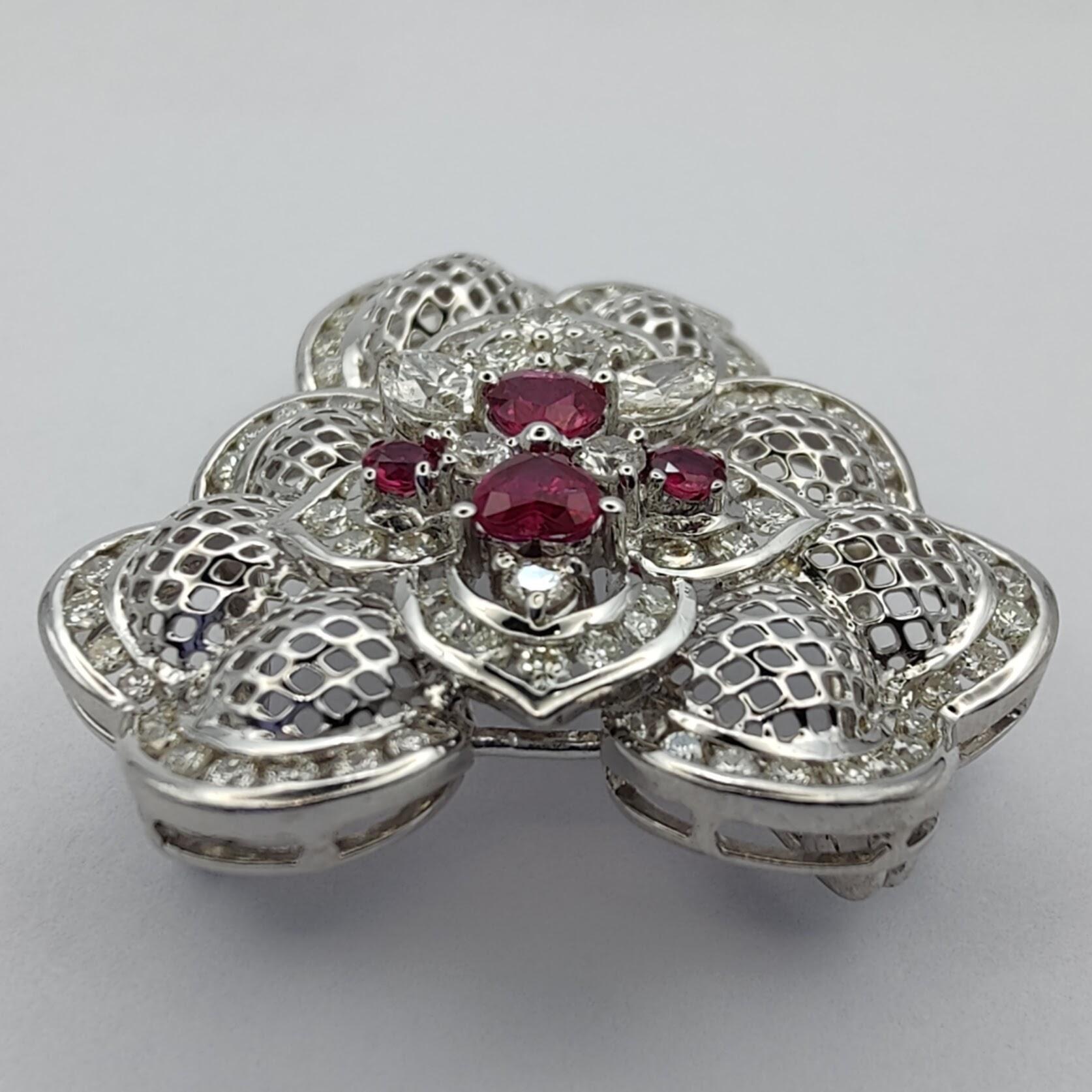 Baroque 0.78 Carat Ruby and 2.7 Carat Diamond Pendant Brooch in 18k White Gold In New Condition For Sale In Wan Chai District, HK