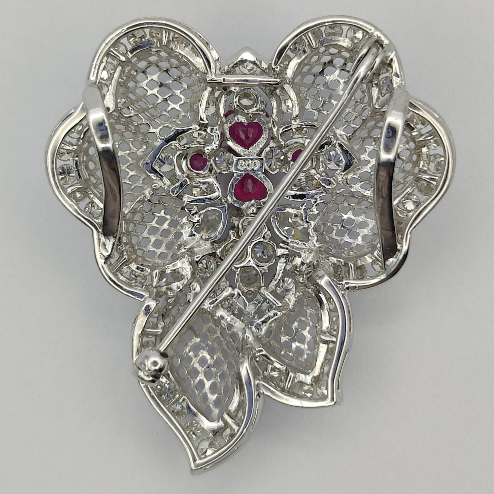 Women's Baroque 0.78 Carat Ruby and 2.7 Carat Diamond Pendant Brooch in 18k White Gold For Sale