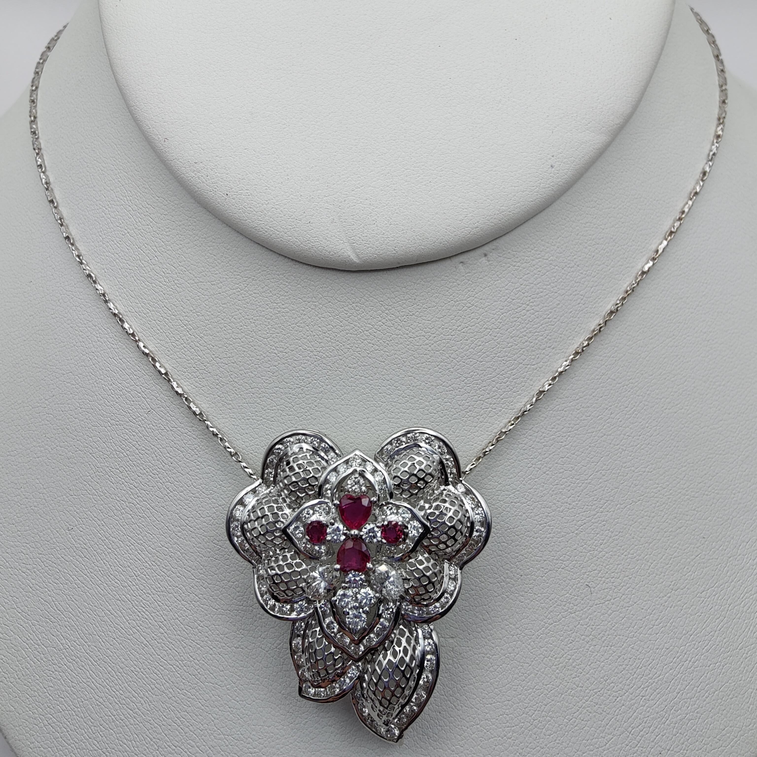 Baroque 0.78 Carat Ruby and 2.7 Carat Diamond Pendant Brooch in 18k White Gold For Sale 3