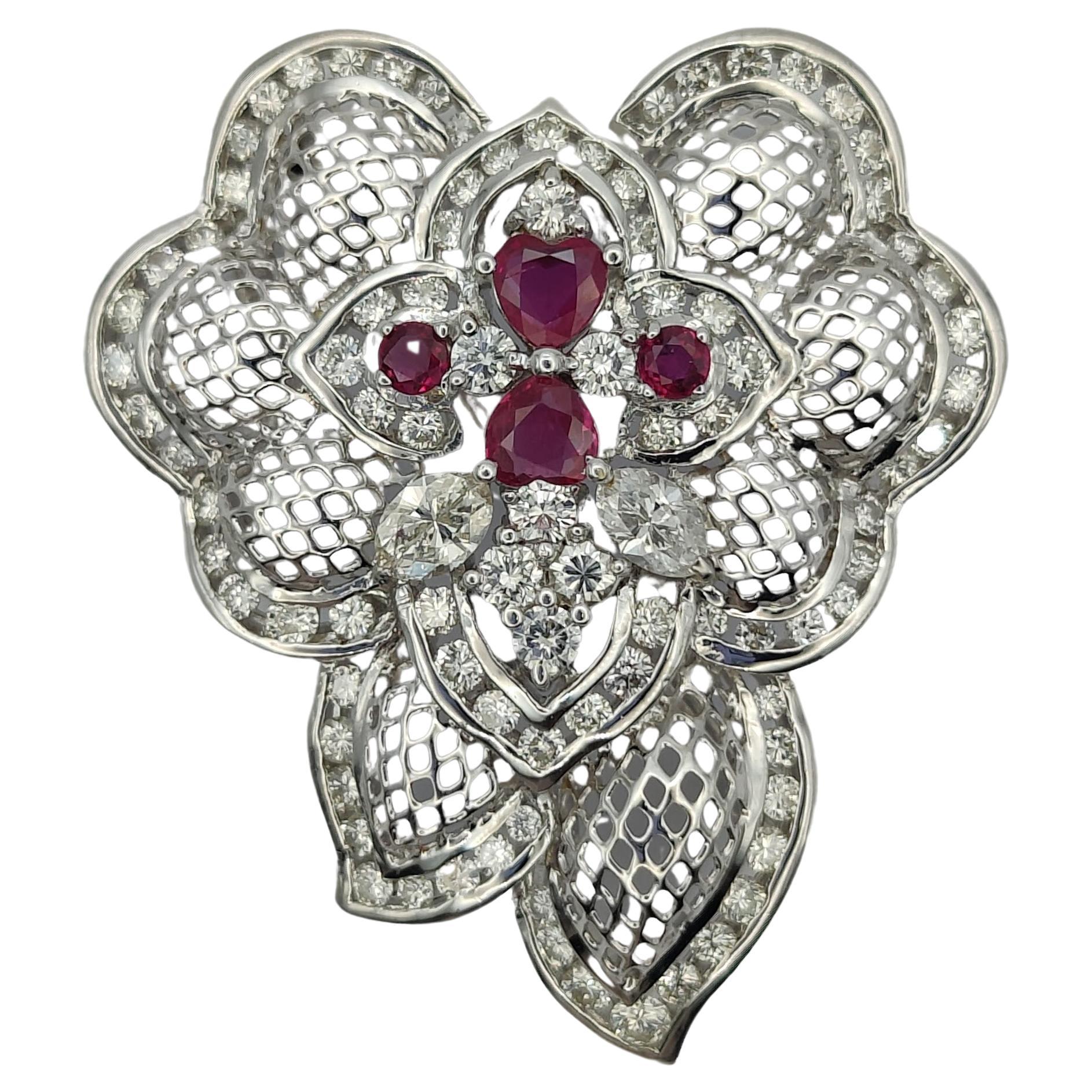 Baroque 0.78 Carat Ruby and 2.7 Carat Diamond Pendant Brooch in 18k White Gold For Sale
