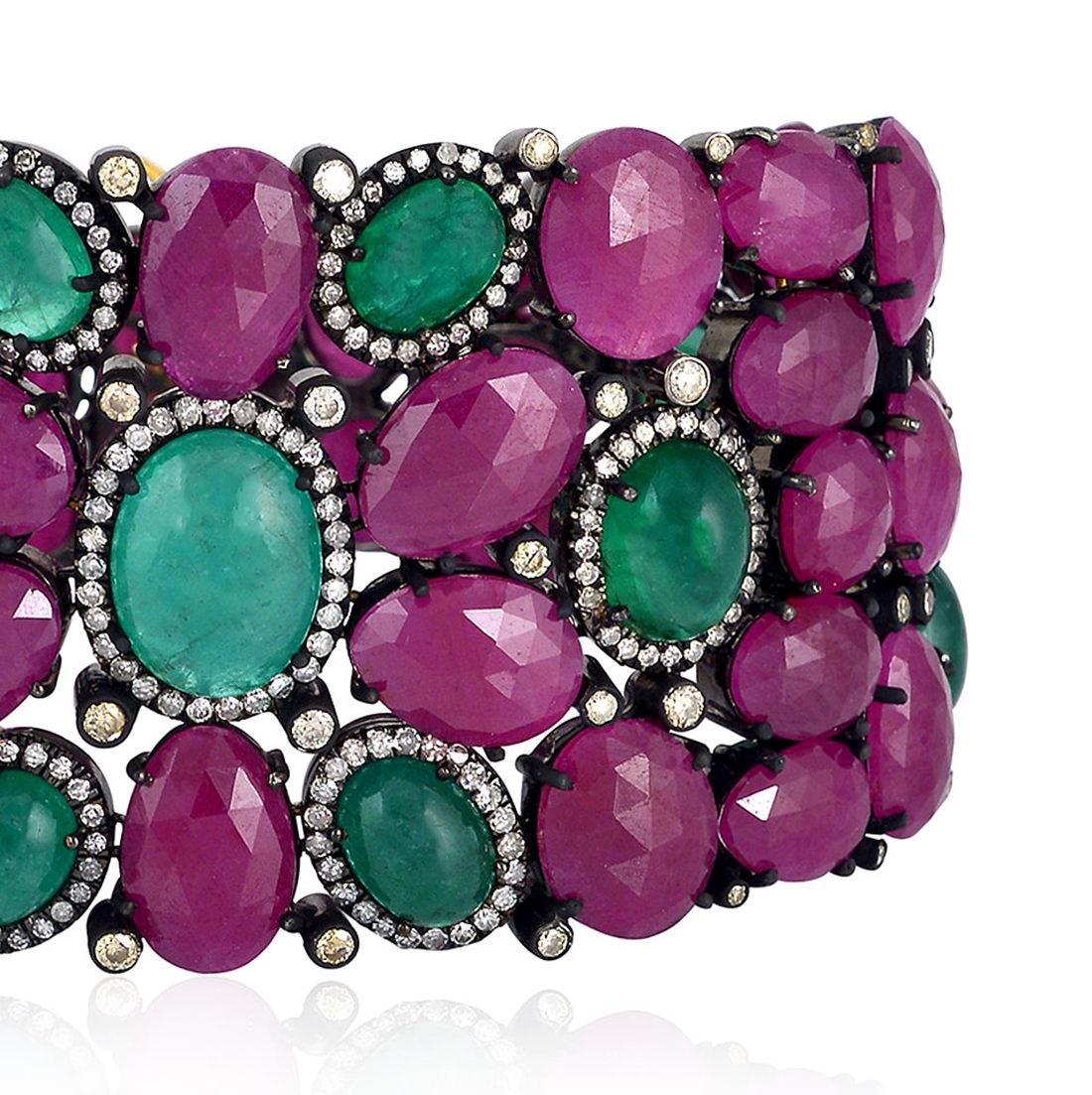 Baroque 139 Carats Natural Ruby Emerald & Diamond Bracelet 18k Gold & Silver For Sale 6