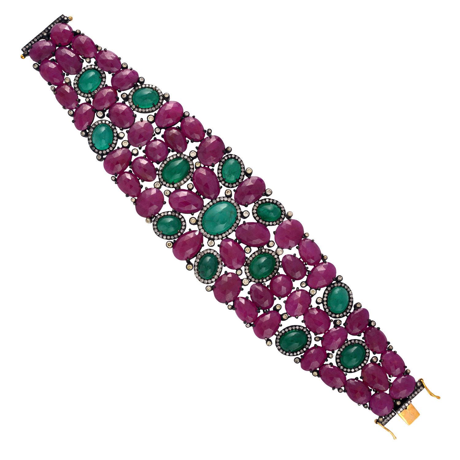 Contemporary Baroque 139 Carats Natural Ruby Emerald & Diamond Bracelet 18k Gold & Silver For Sale