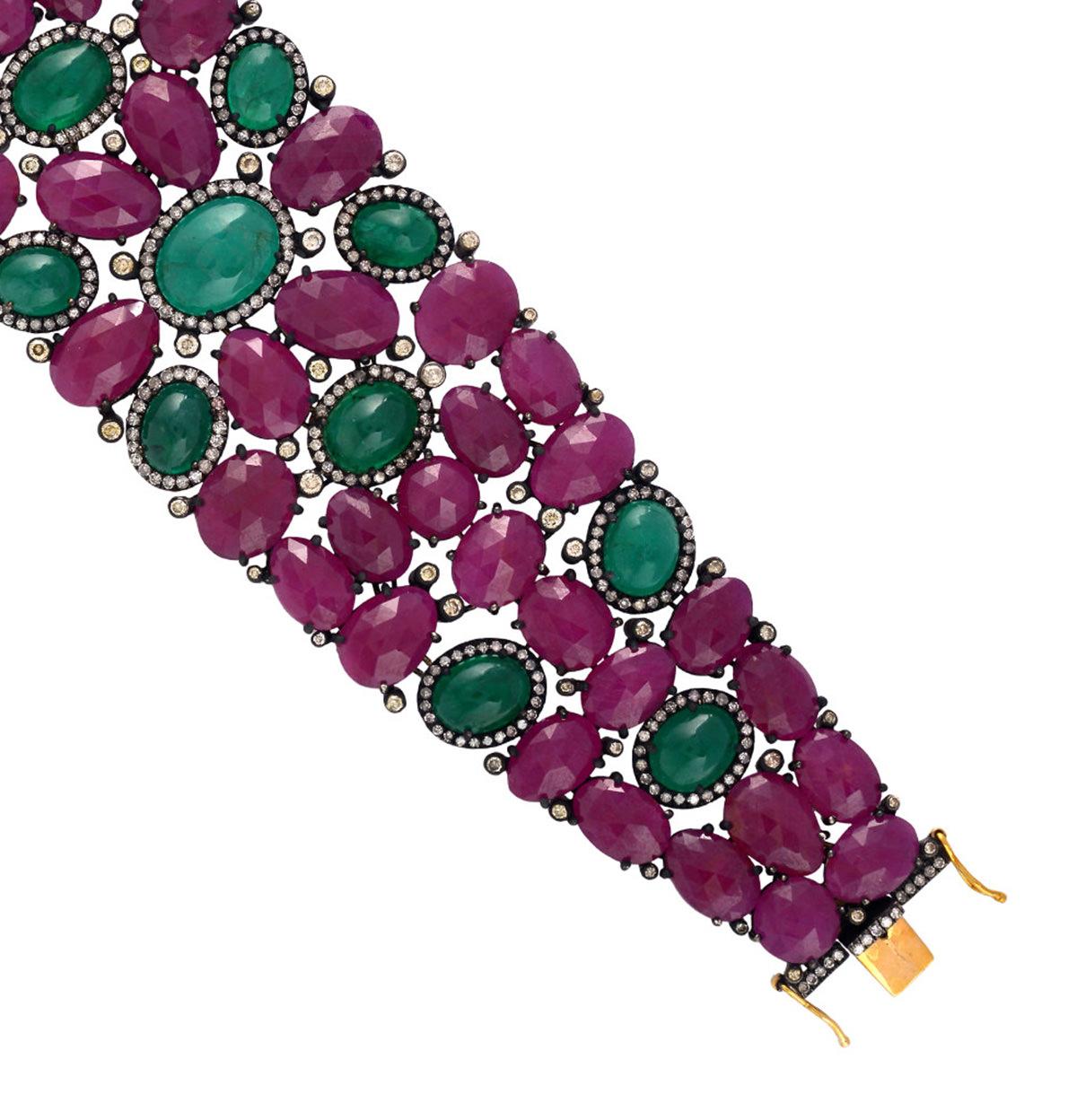 Women's Baroque 139 Carats Natural Ruby Emerald & Diamond Bracelet 18k Gold & Silver For Sale