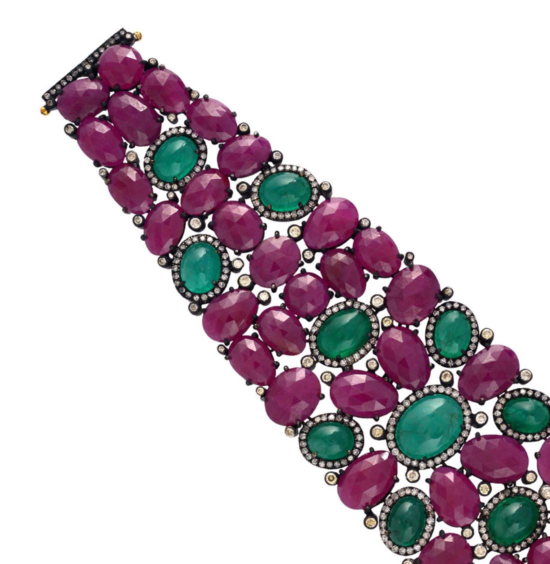 Baroque 139 Carats Natural Ruby Emerald & Diamond Bracelet 18k Gold & Silver For Sale 1