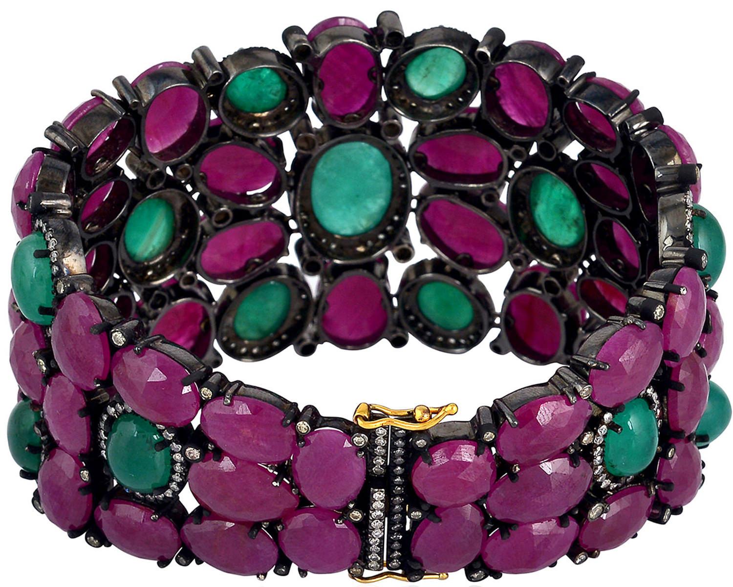 Baroque 139 Carats Natural Ruby Emerald & Diamond Bracelet 18k Gold & Silver For Sale 3