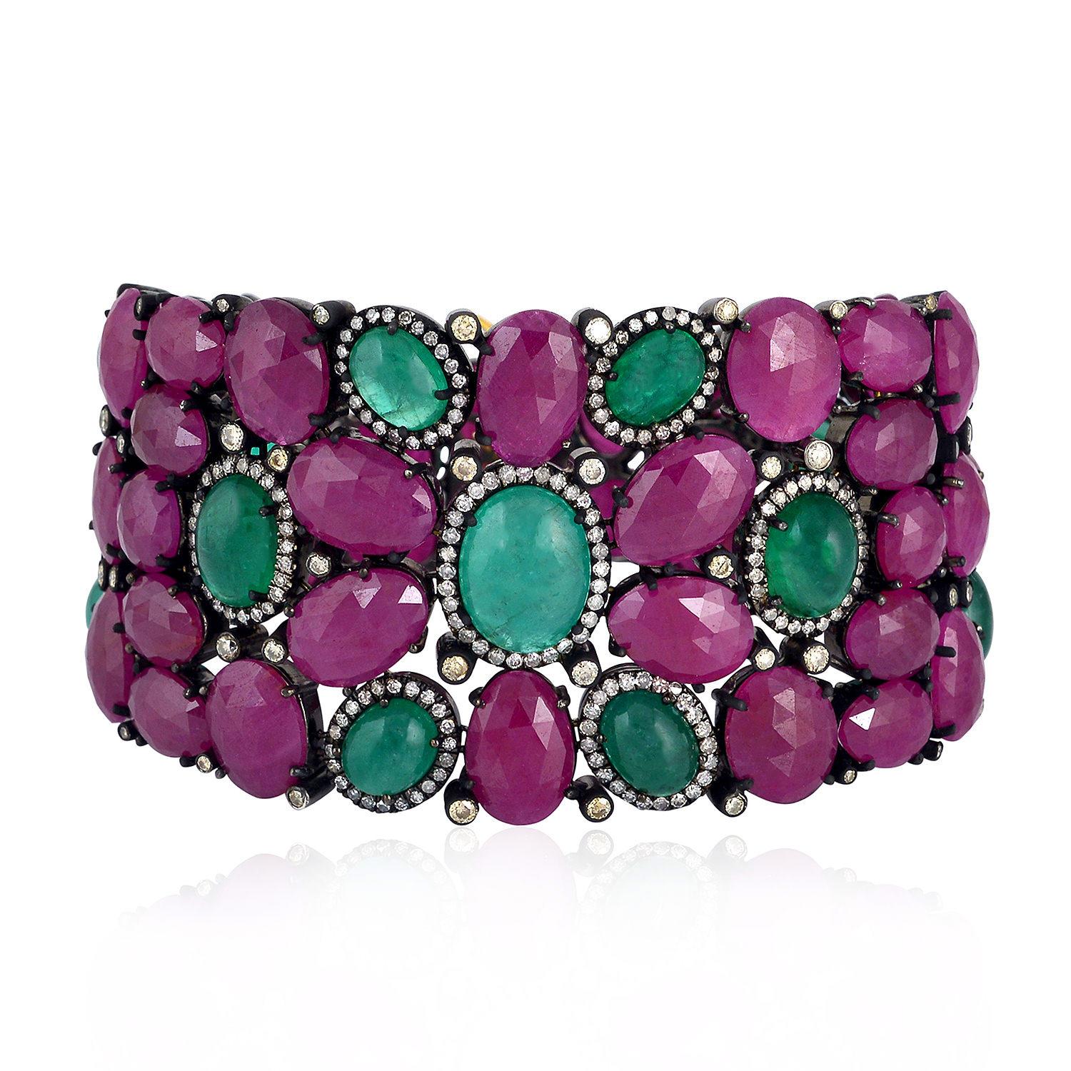 Baroque 139 Carats Natural Ruby Emerald & Diamond Bracelet 18k Gold & Silver For Sale 2