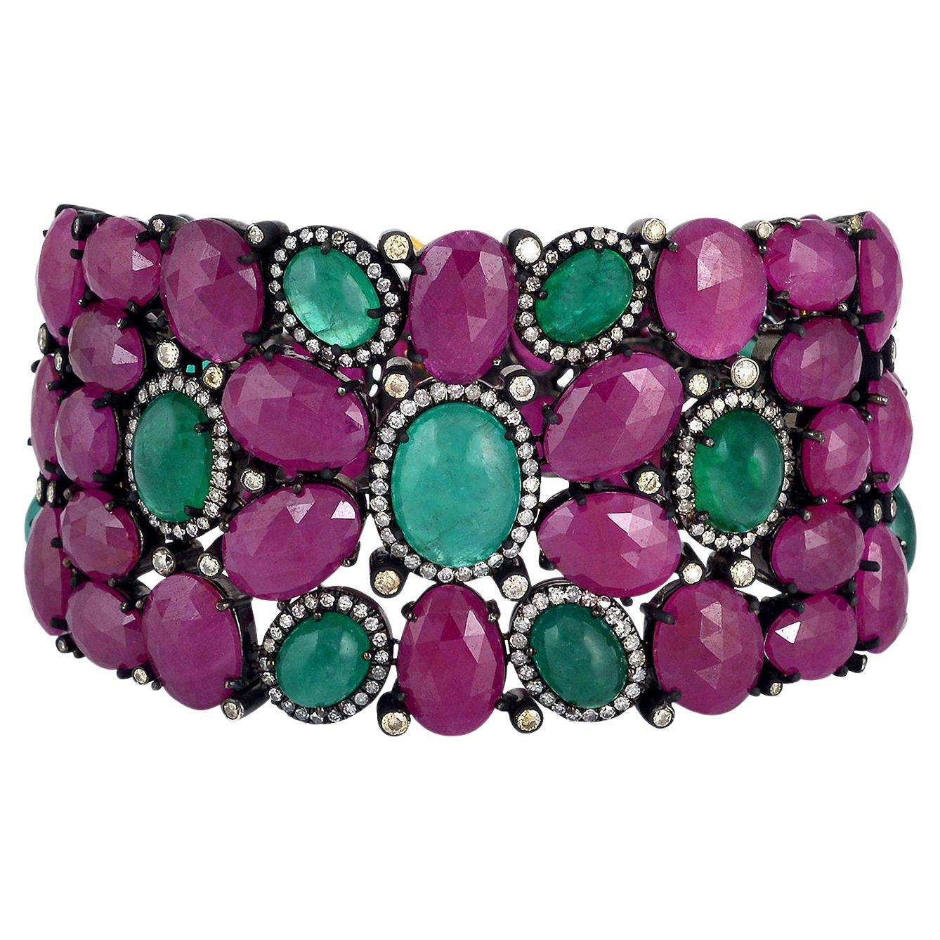 Baroque 139 Carats Natural Ruby Emerald & Diamond Bracelet 18k Gold & Silver For Sale