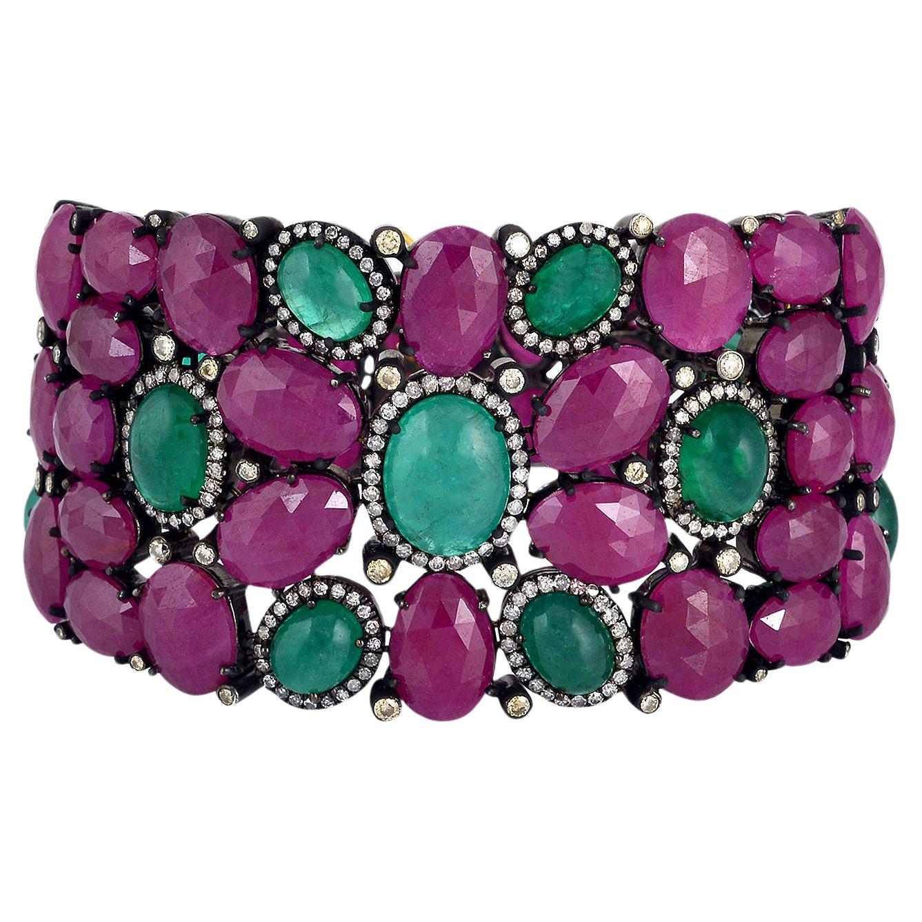 Baroque 139 Carats Natural Ruby Emerald & Diamond Bracelet 18k Gold & Silver
