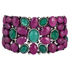 Baroque 139 Carats Natural Ruby Emerald & Diamond Bracelet 18k Gold & Silver