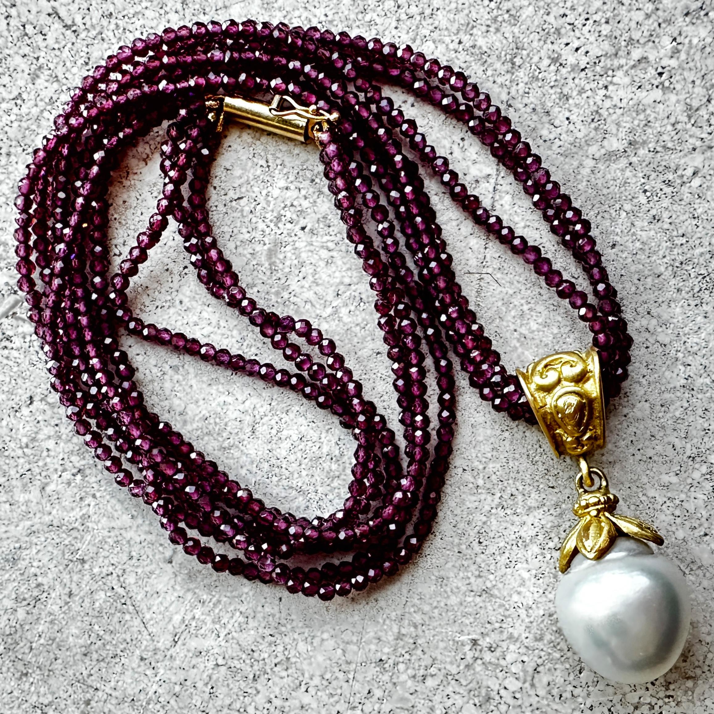 Baroque 13mm South Sea Pearl in 18K Gold Fob Pendant with Rhodolite Necklace For Sale 4