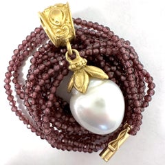Baroque 13mm South Sea Pearl in 18K Gold Fob Pendant with Rhodolite Necklace