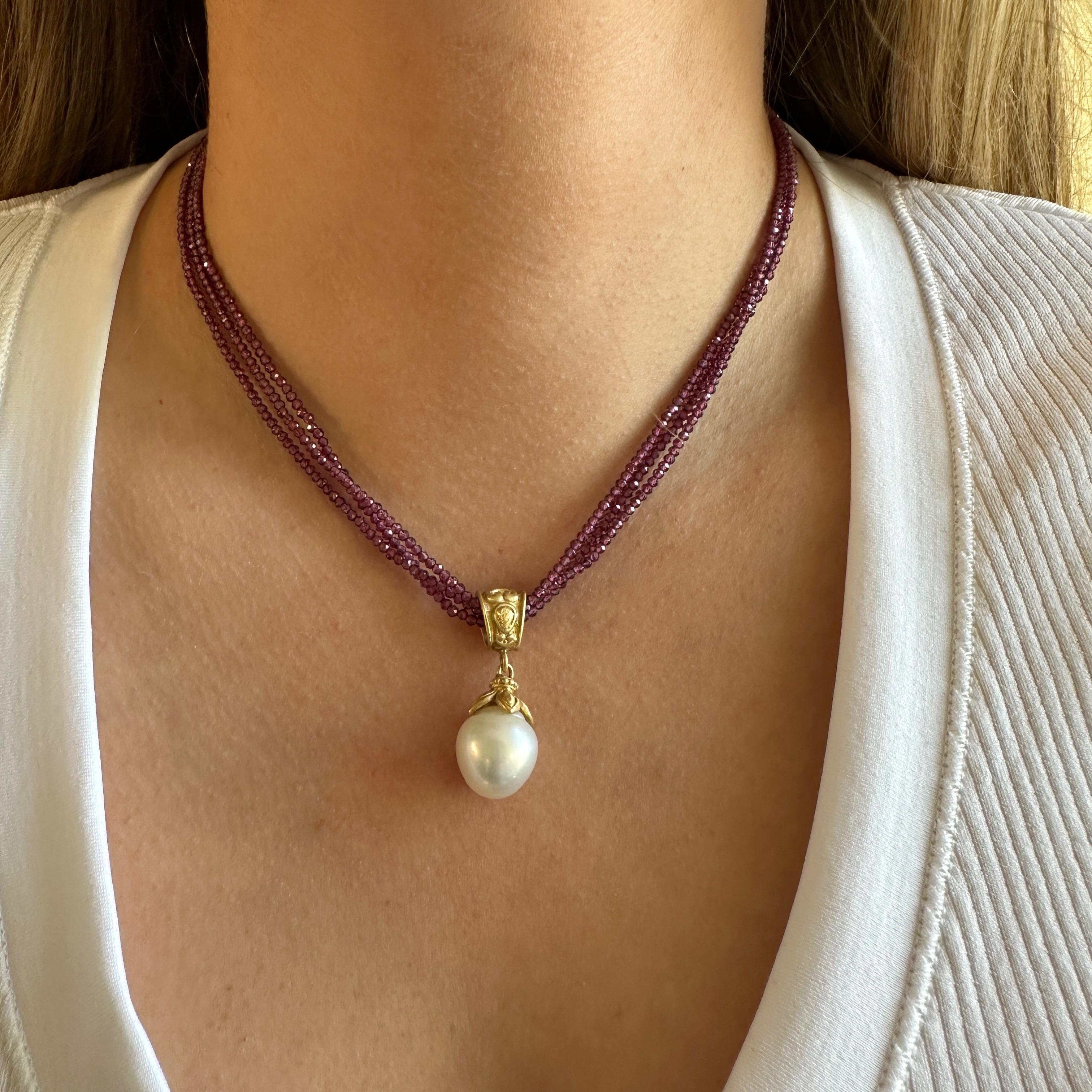 Baroque 13mm South Sea Pearl in 18K Gold Fob Pendant with Rhodolite Necklace In New Condition For Sale In Sherman Oaks, CA