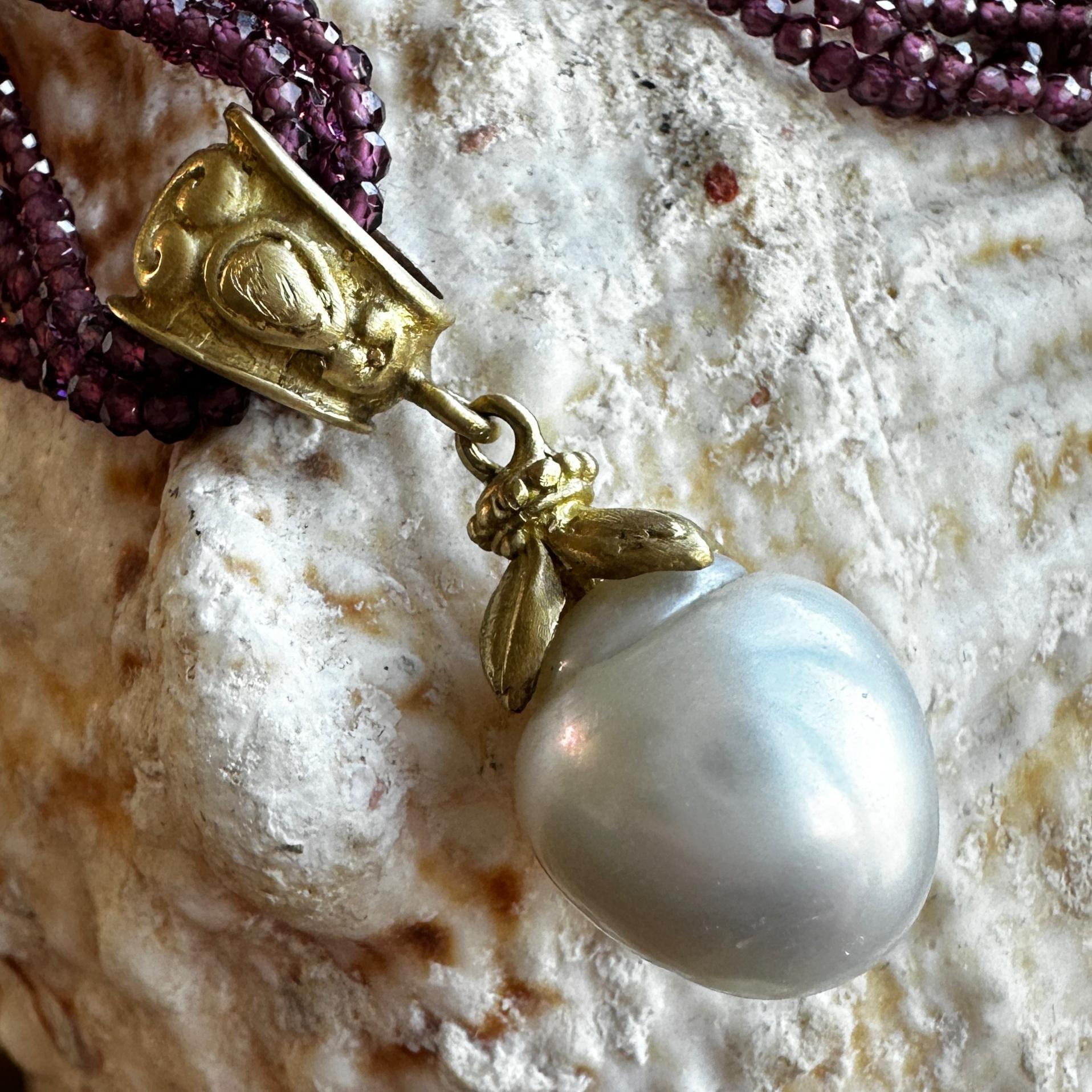 Women's or Men's Baroque 13mm South Sea Pearl in 18K Gold Fob Pendant with Rhodolite Necklace For Sale