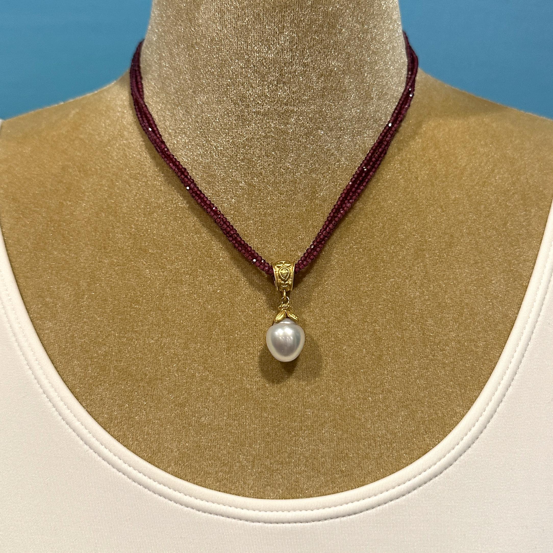 Baroque 13mm South Sea Pearl in 18K Gold Fob Pendant with Rhodolite Necklace For Sale 2