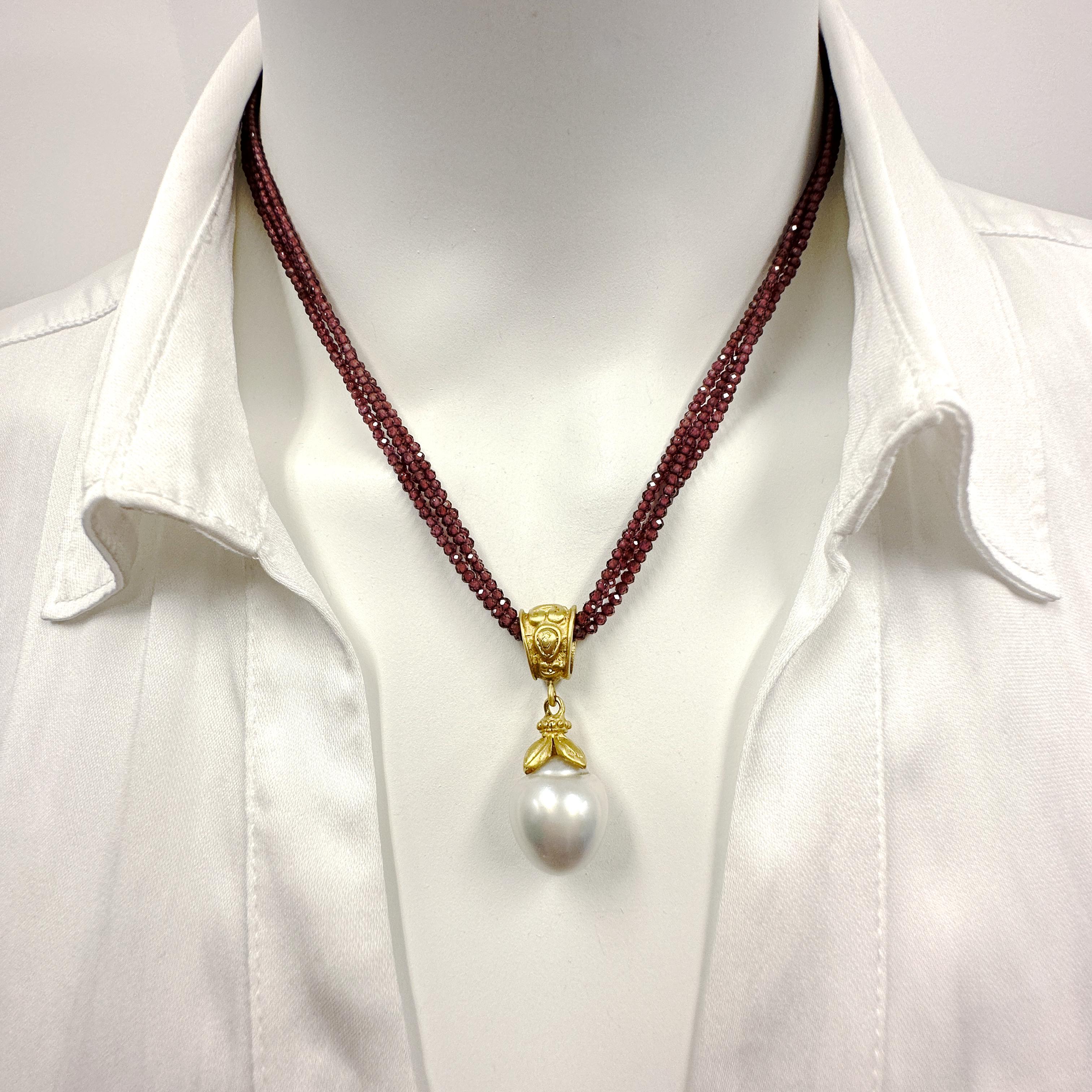 Baroque 13mm South Sea Pearl in 18K Gold Fob Pendant with Rhodolite Necklace For Sale 3