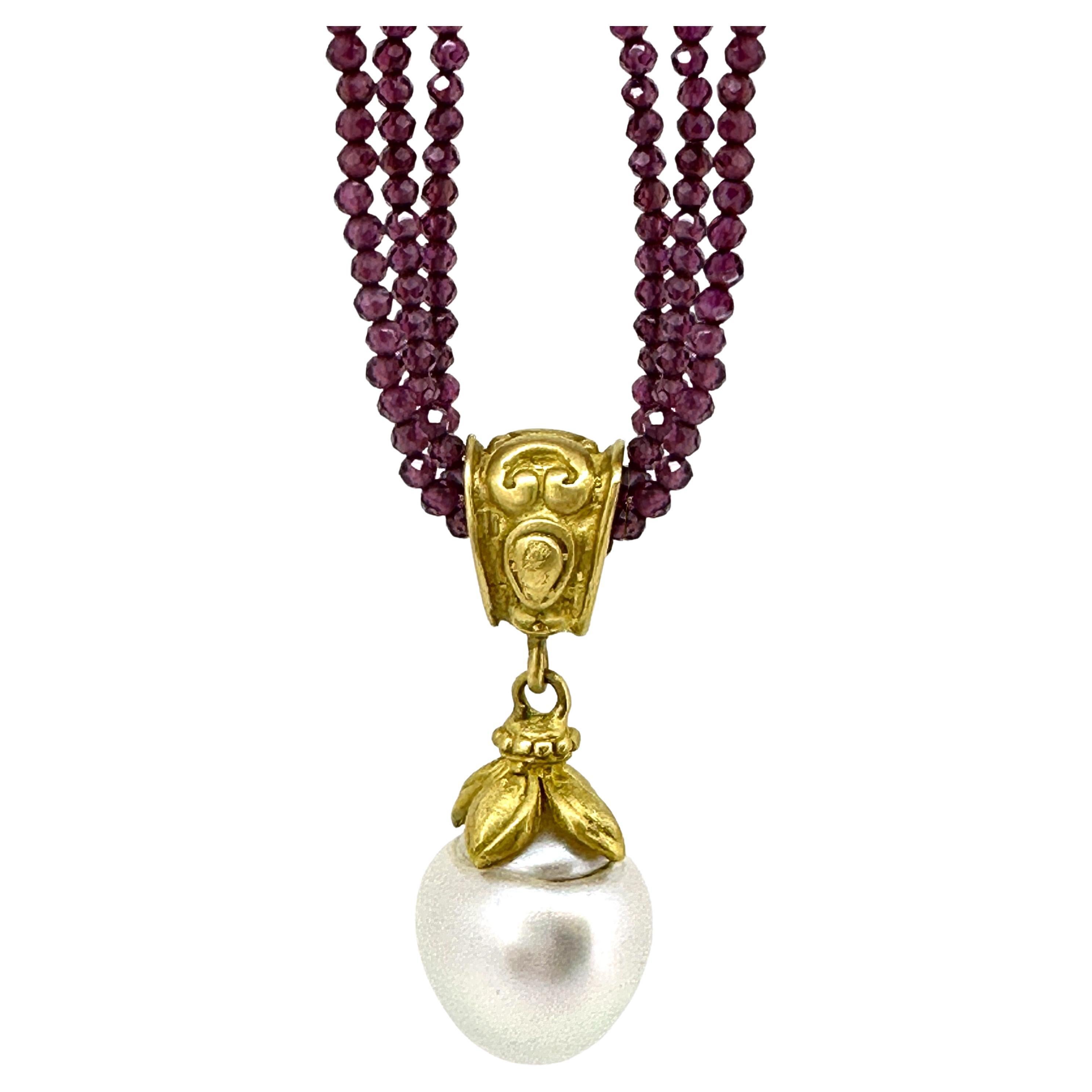 Baroque 13mm South Sea Pearl in 18K Gold Fob Pendant with Rhodolite Necklace For Sale