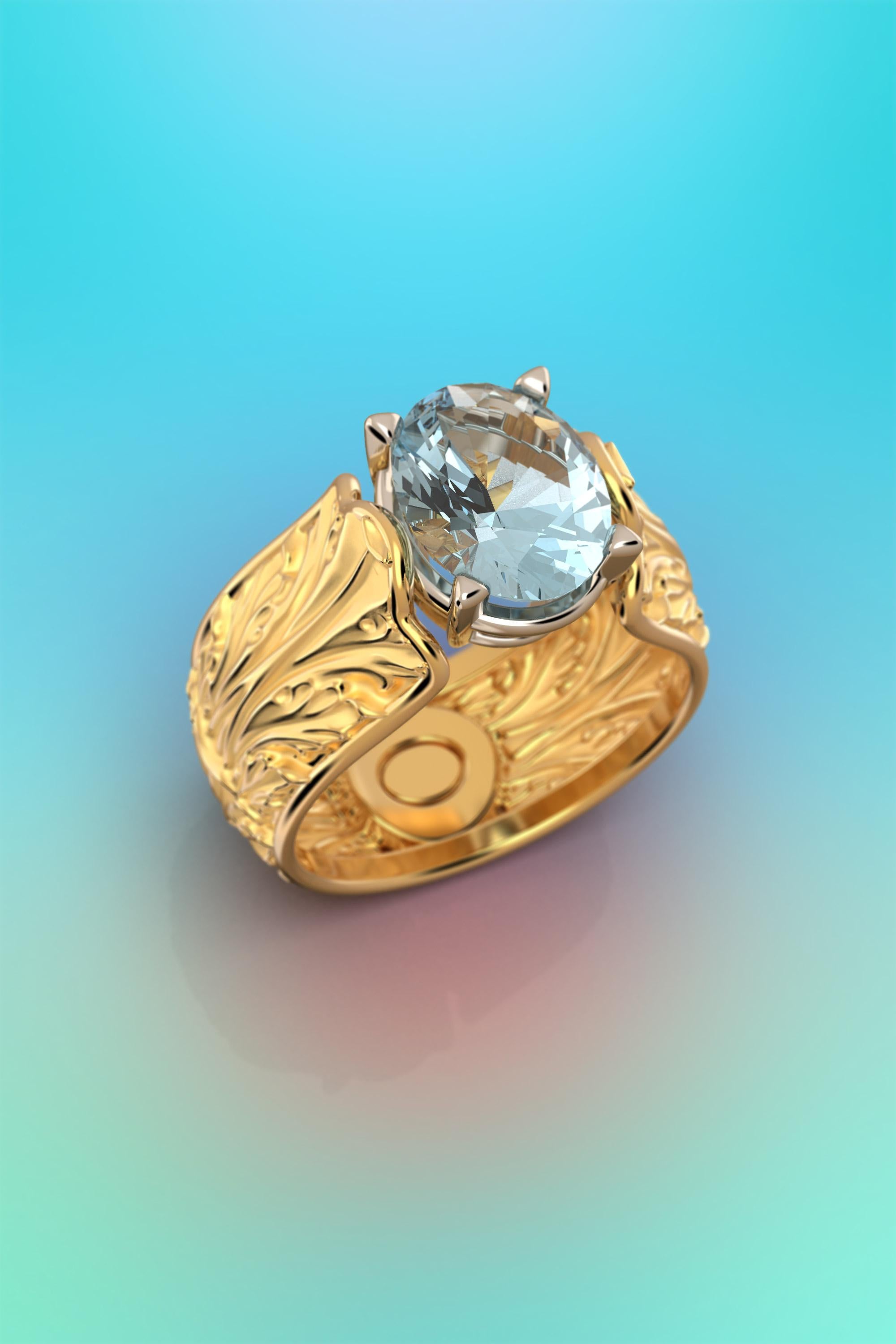 For Sale:  Baroque 14k Gold Ring with Natural Aquamarine Italian Fine Jewelry Made in Italy 10
