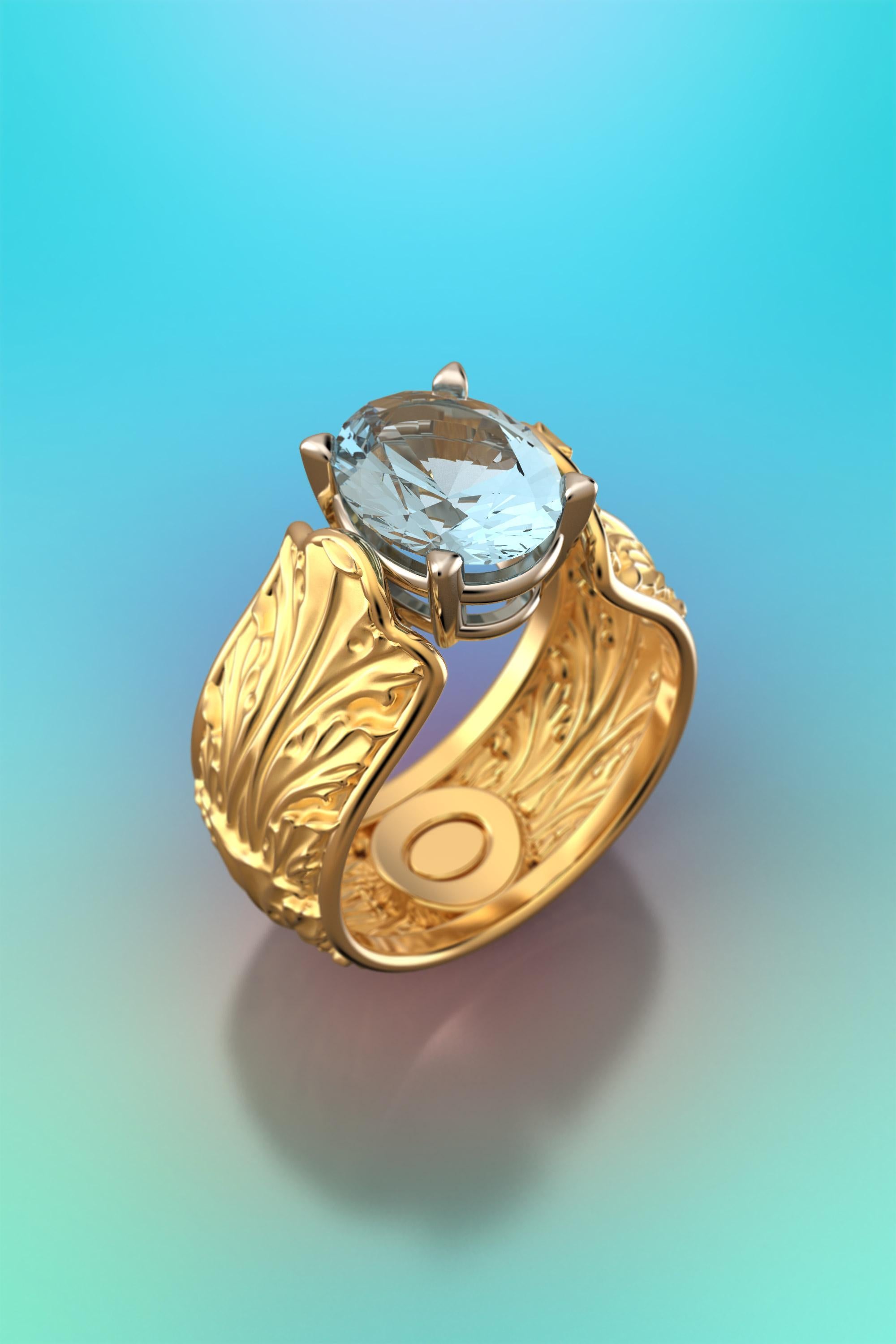 For Sale:  Baroque 14k Gold Ring with Natural Aquamarine Italian Fine Jewelry Made in Italy 2