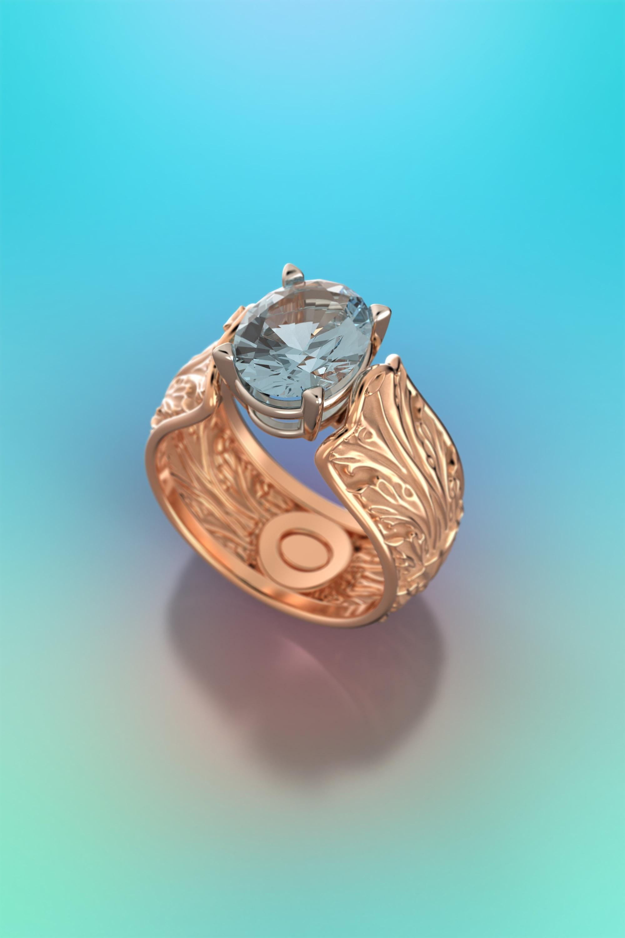 For Sale:  Baroque 14k Gold Ring with Natural Aquamarine Italian Fine Jewelry Made in Italy 3