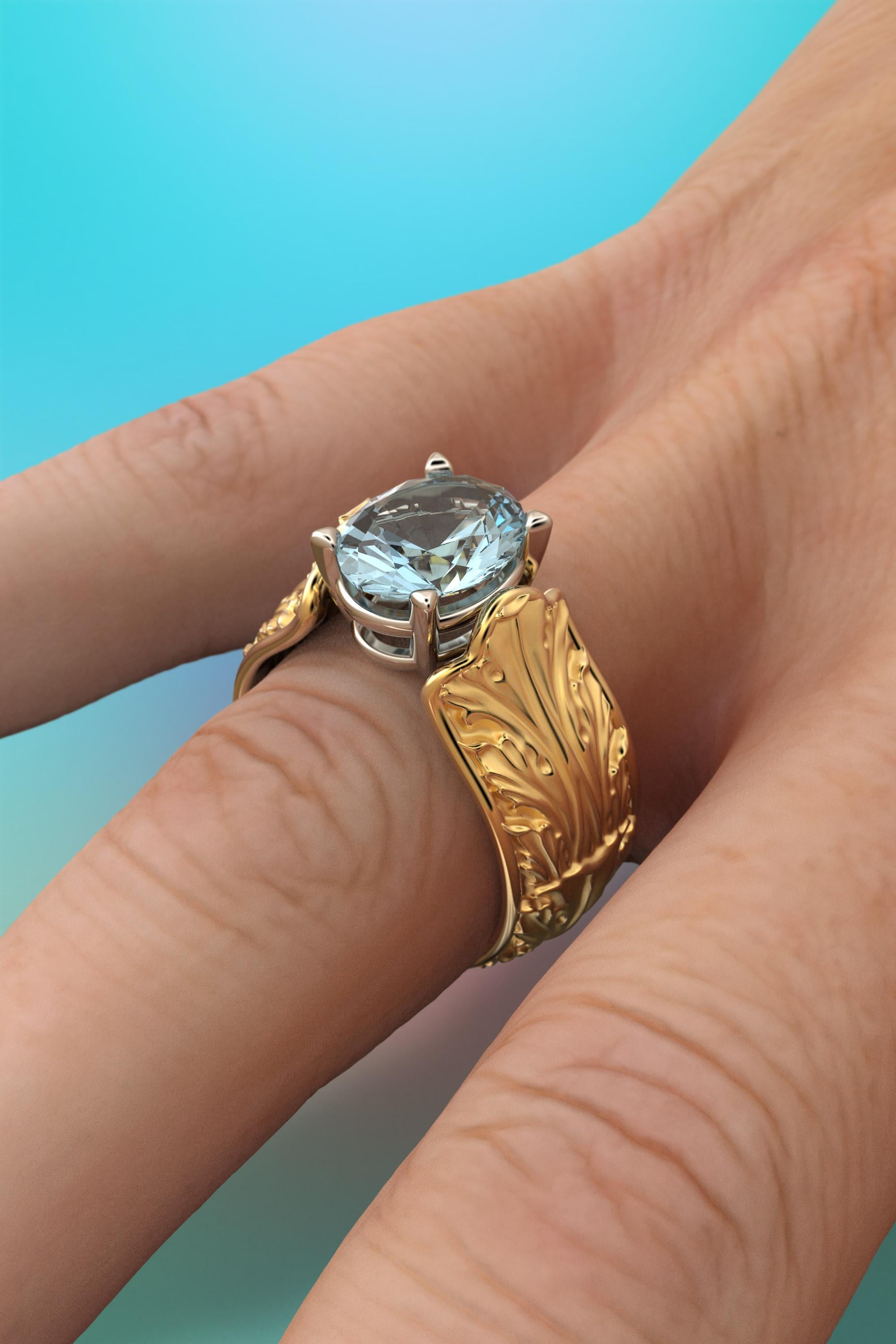 For Sale:  Baroque 14k Gold Ring with Natural Aquamarine Italian Fine Jewelry Made in Italy 4