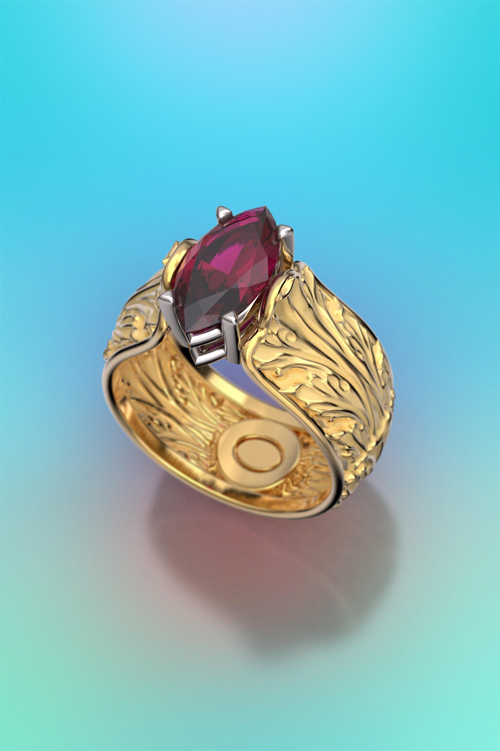 For Sale:  Baroque 14k Gold Ring with Natural Rhodolite Garnet Italian Fine Jewelry 2