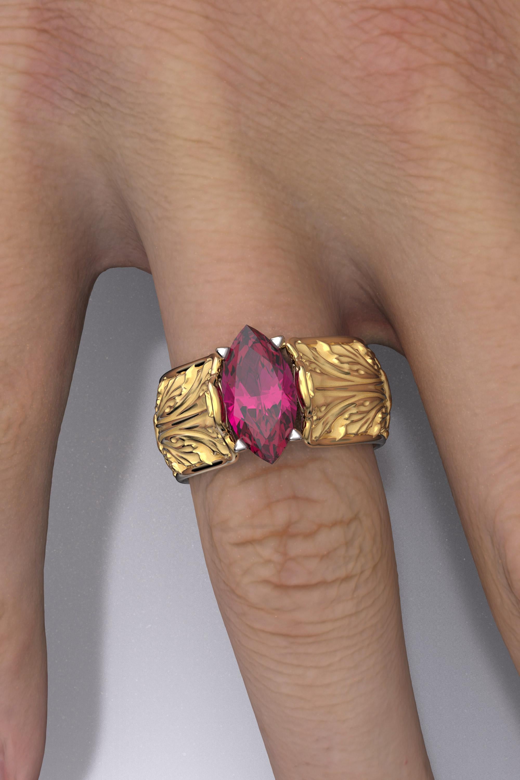 For Sale:  Baroque 14k Gold Ring with Natural Rhodolite Garnet Italian Fine Jewelry 4
