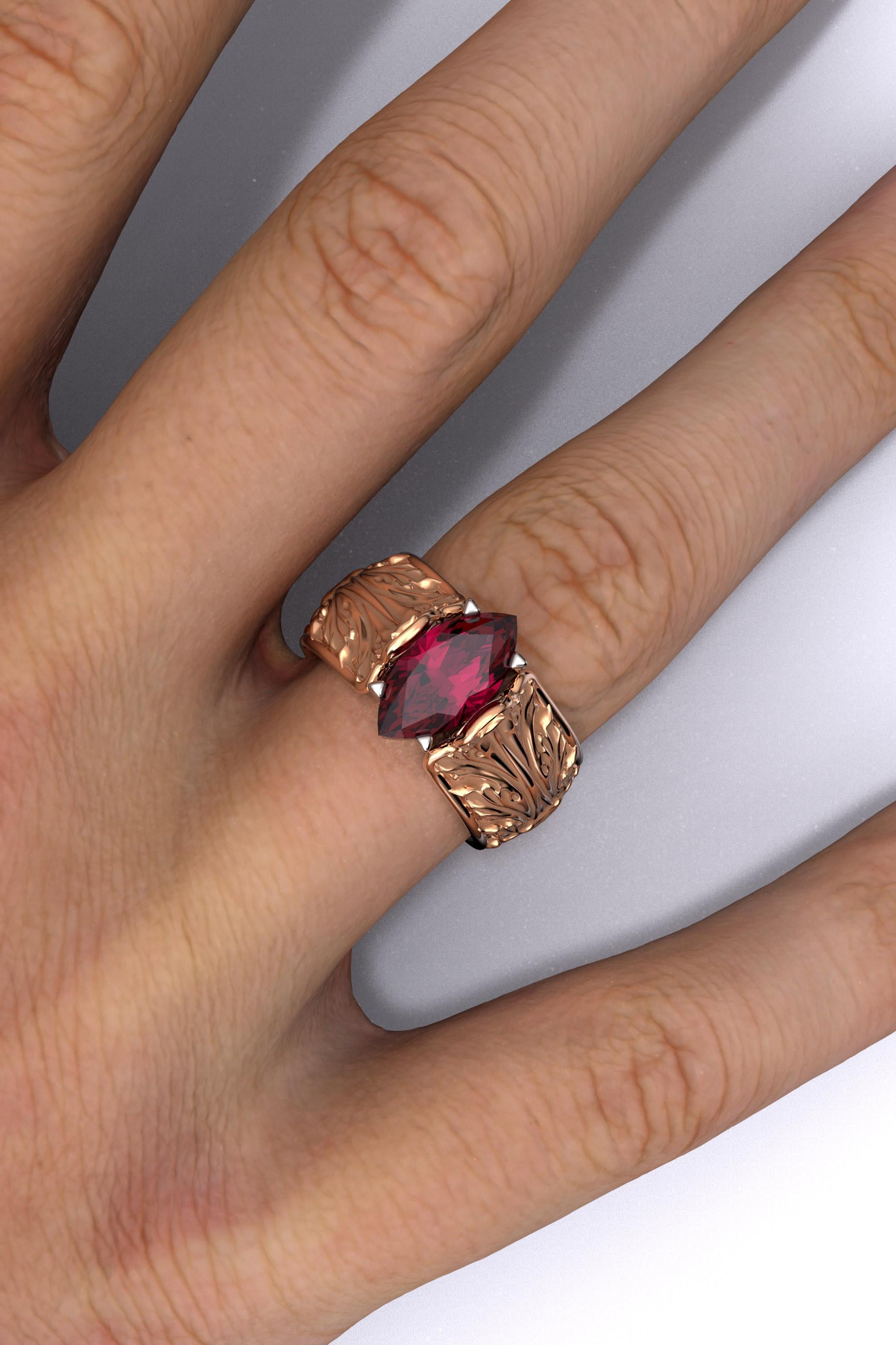For Sale:  Baroque 14k Gold Ring with Natural Rhodolite Garnet Italian Fine Jewelry 6