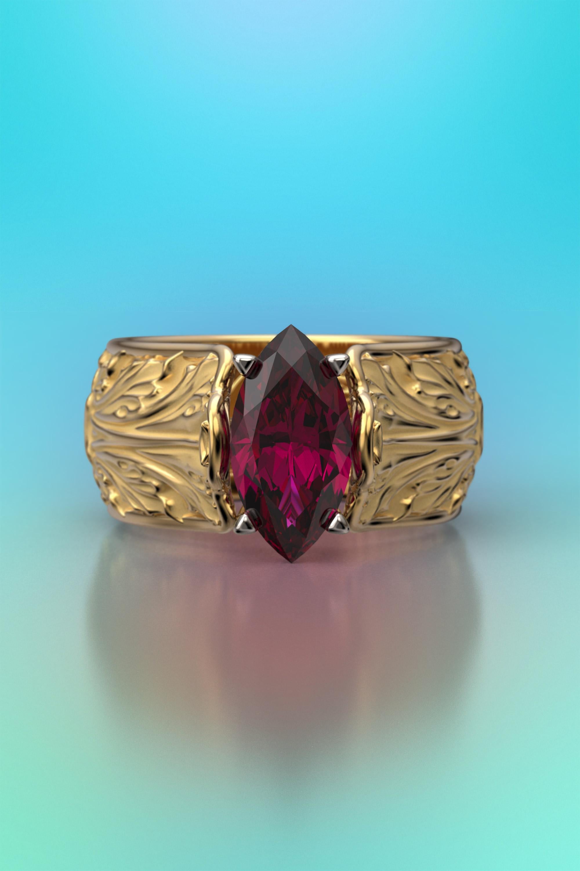 For Sale:  Baroque 14k Gold Ring with Natural Rhodolite Garnet Italian Fine Jewelry 7