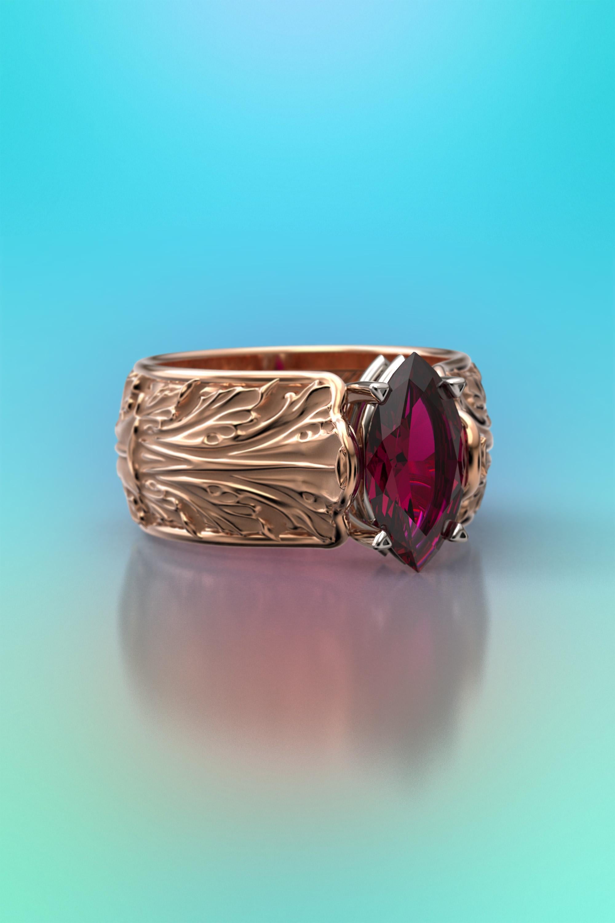 For Sale:  Baroque 14k Gold Ring with Natural Rhodolite Garnet Italian Fine Jewelry 8